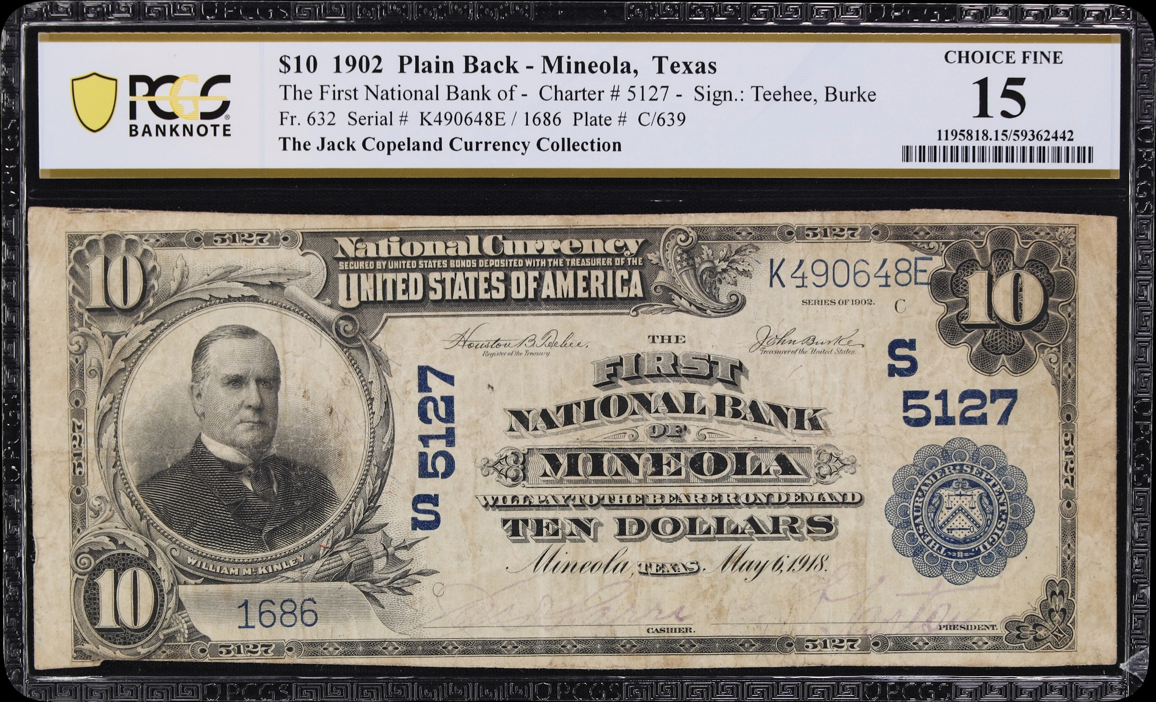 Mineola, Texas. $10 1902 Plain Back. Fr. 632. First NB. Charter #5127.