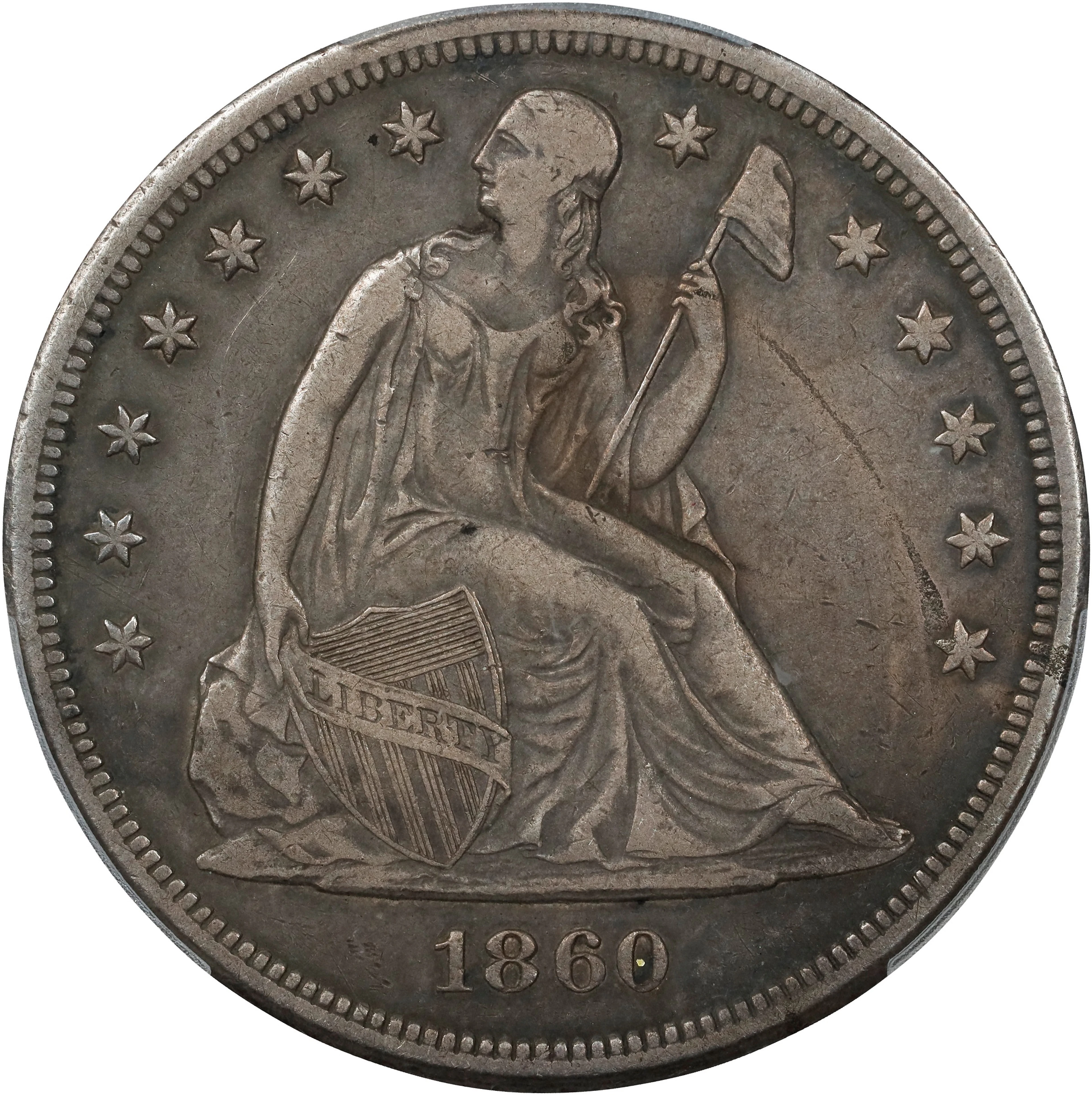 1860-O Liberty Seated Silver Dollar. OC-2. Rarity-1. VF Details--Cleaned