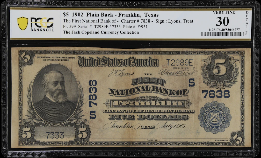 Franklin, Texas. $5 1902 Plain Back. Fr. 599. First NB. Charter #7838.
