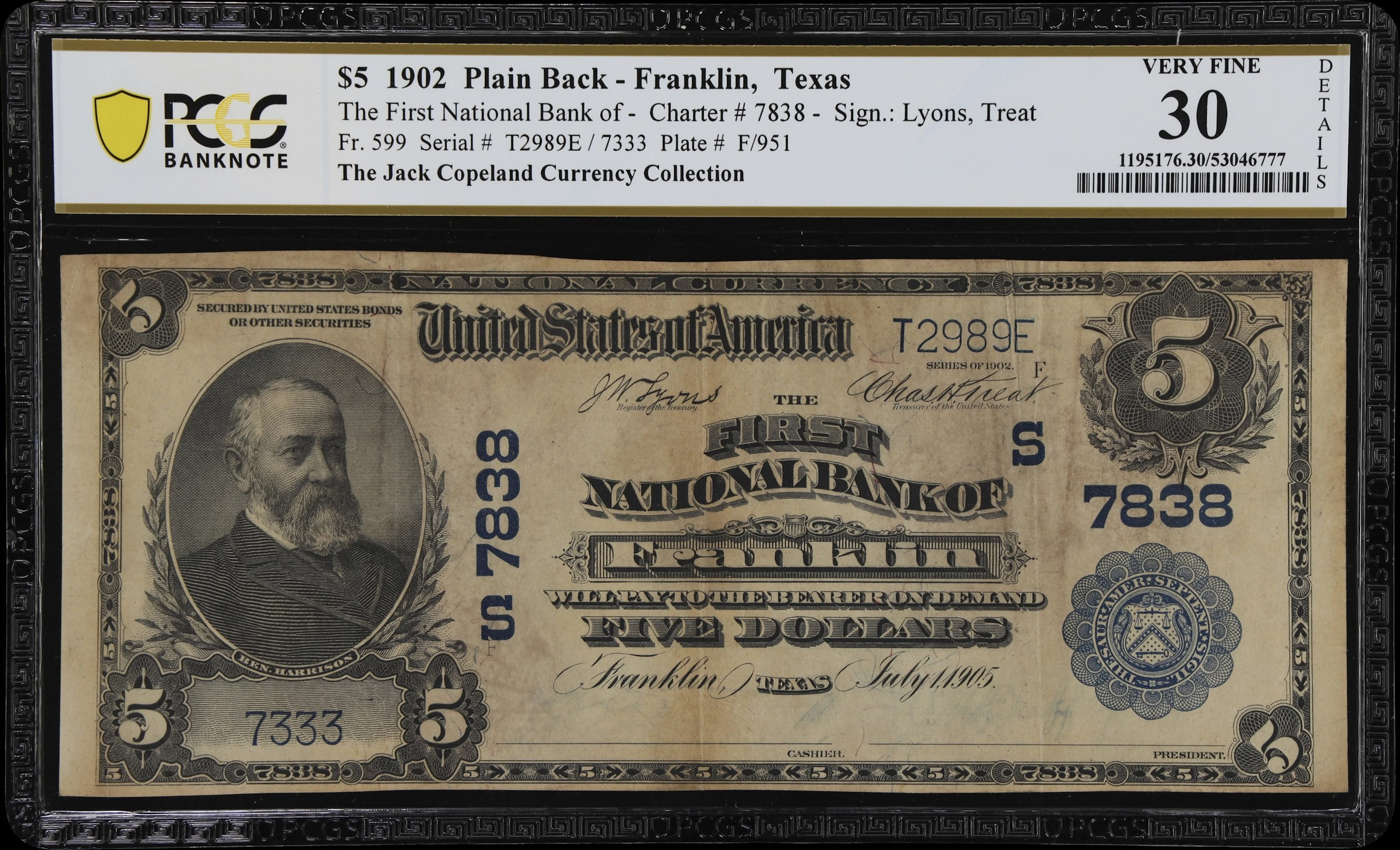 Franklin, Texas. $5 1902 Plain Back. Fr. 599. First NB. Charter #7838.