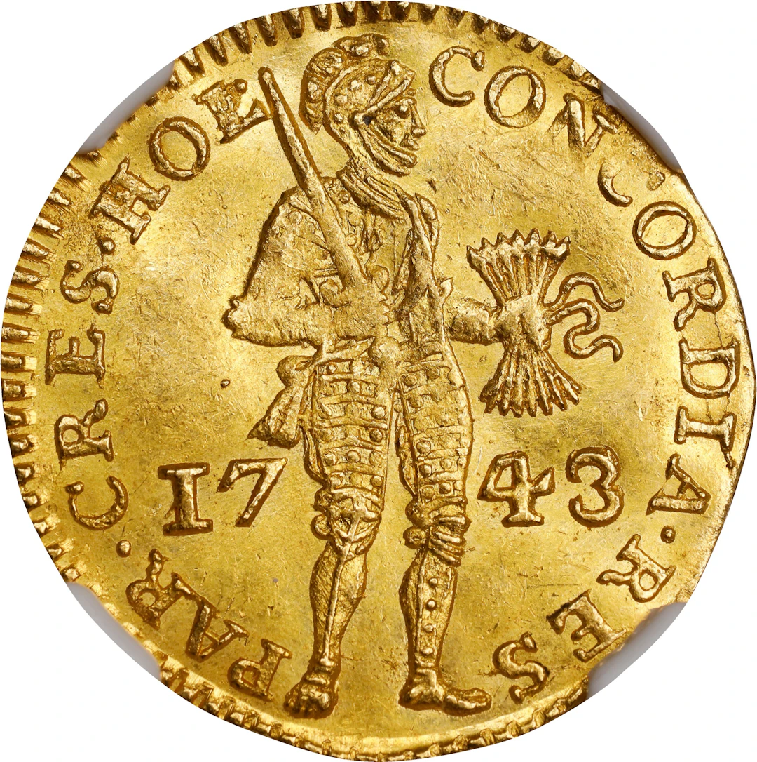 (◊) NETHERLANDS. Holland. Ducat, 1743. Dordrecht Mint. NGC Unc Details--Edge