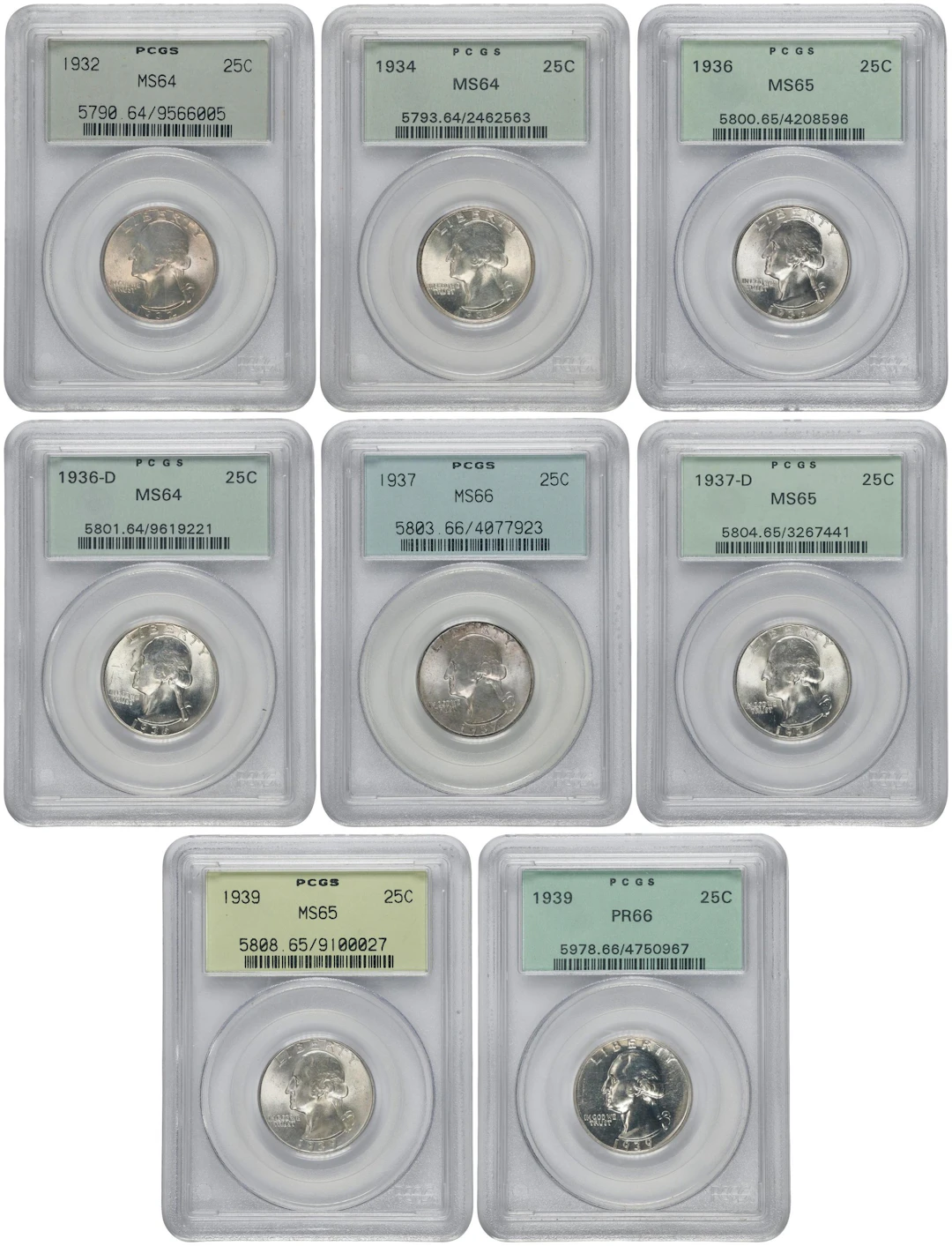 Lot of (8) 1930s Washington Quarters. (PCGS). OGH.