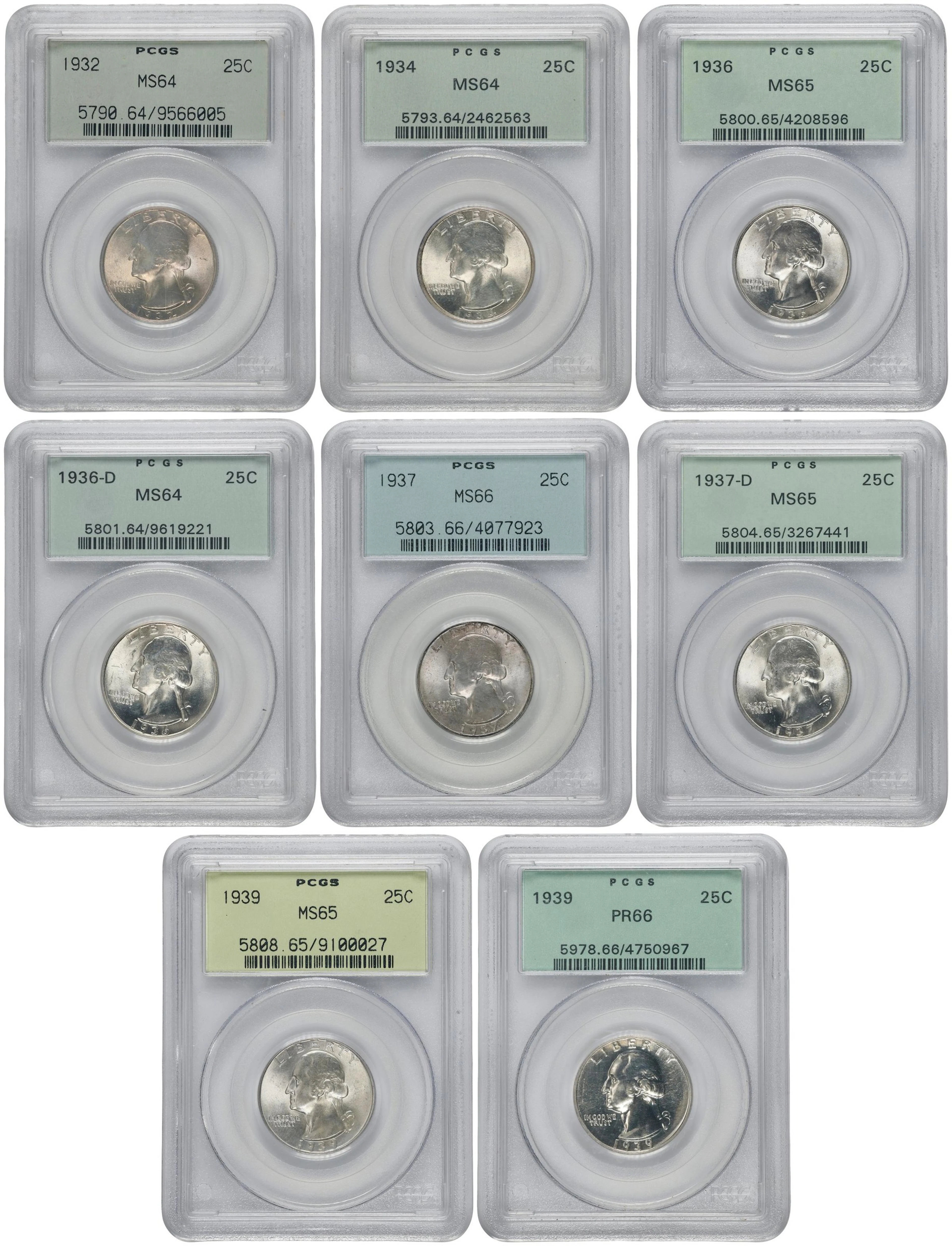 Lot of (8) 1930s Washington Quarters. (PCGS). OGH.