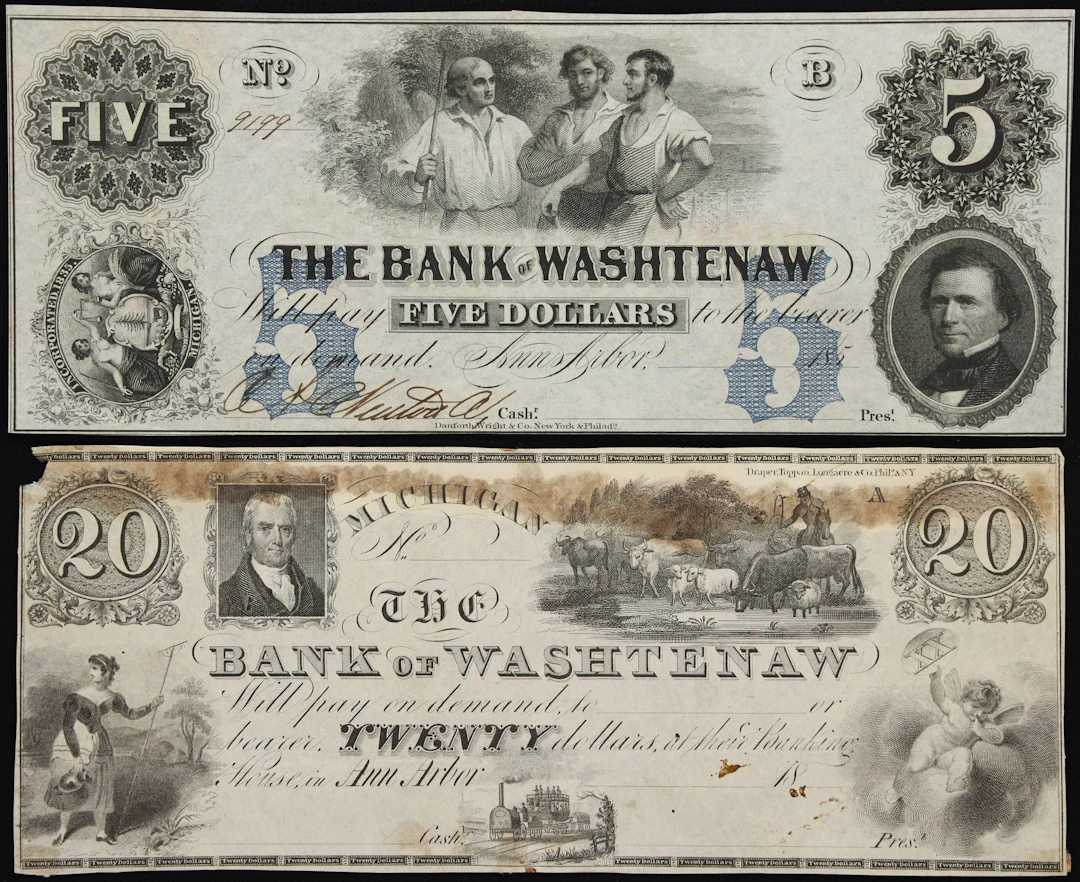 Lot of (2) Ann Arbor, Michigan. Bank of Washtenaw. 18xx-5x $5 & $20.