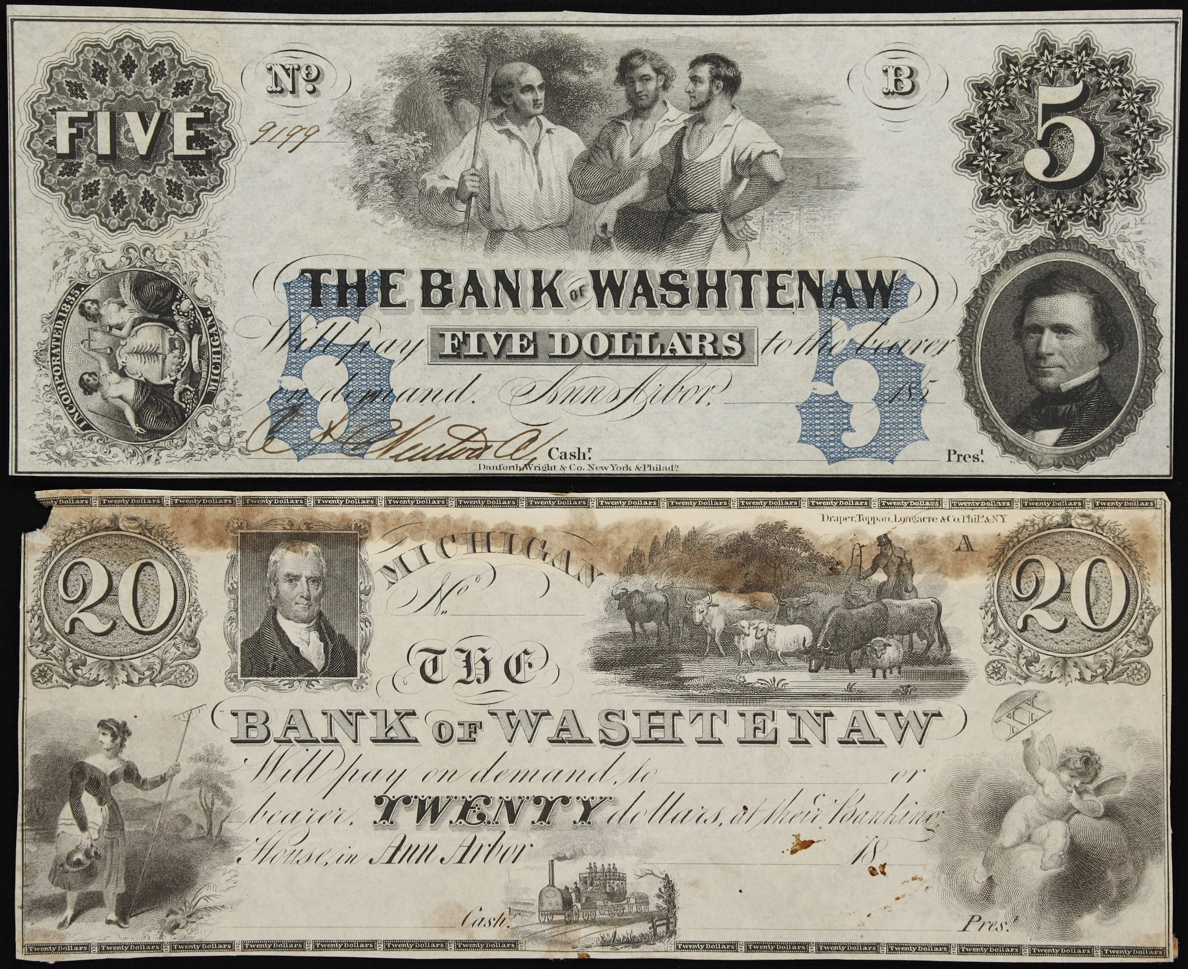 Lot of (2) Ann Arbor, Michigan. Bank of Washtenaw. 18xx-5x $5 & $20.