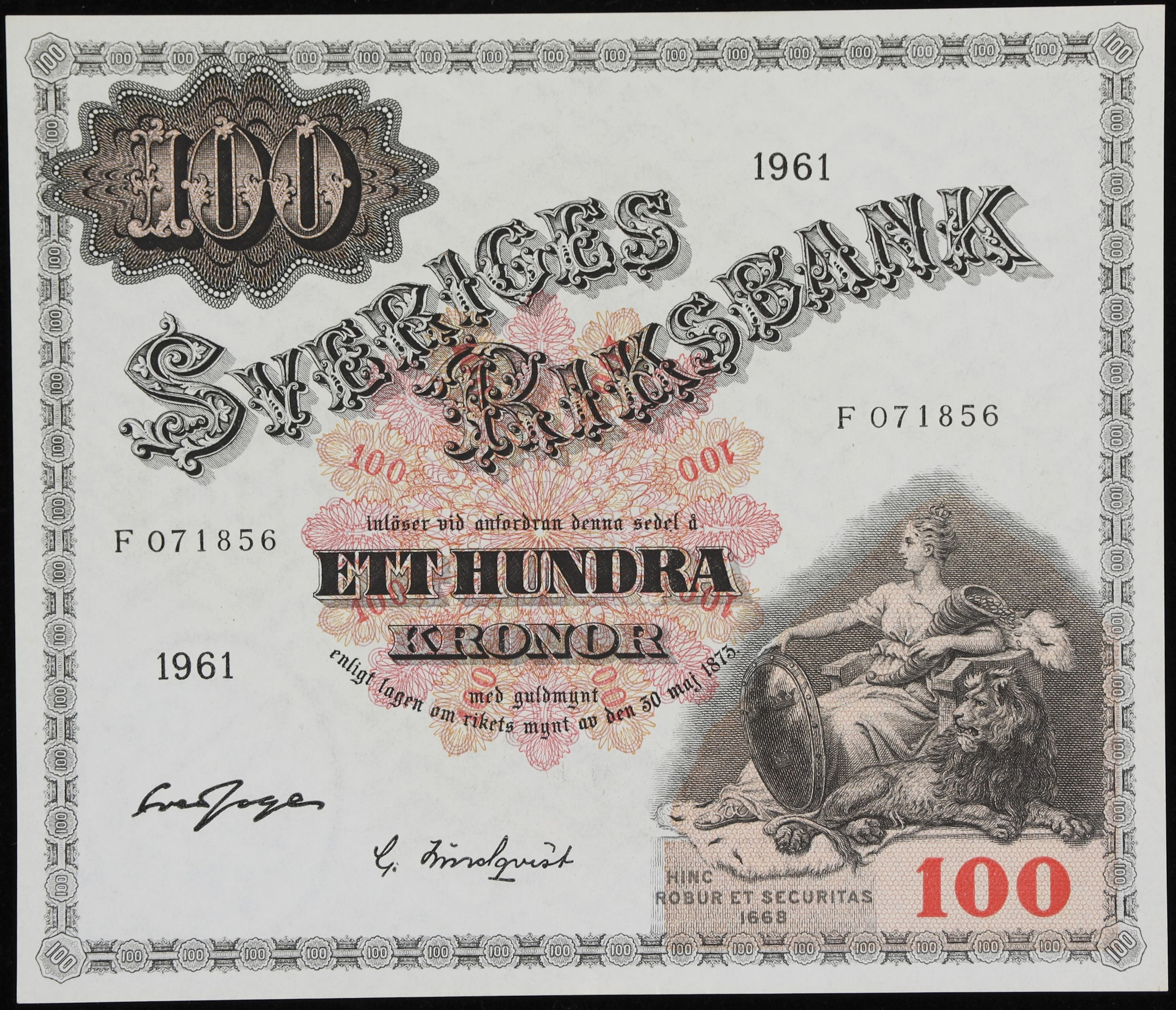 SWEDEN. Sveriges Riksbank. 100 Kronor, 1961. P-48c. About Uncirculated.