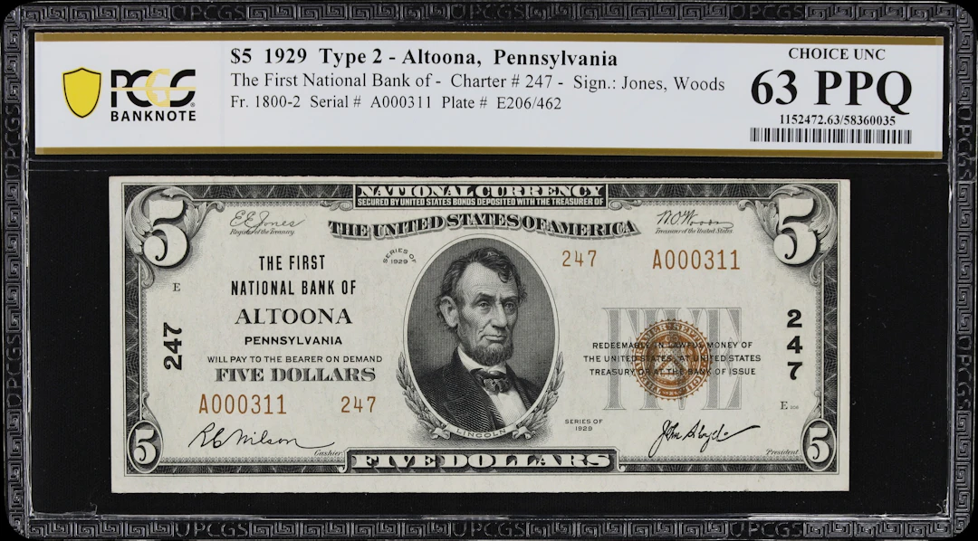 Altoona, Pennsylvania. $5 1929 Ty. 2. Fr. 1800-2. First NB. Charter