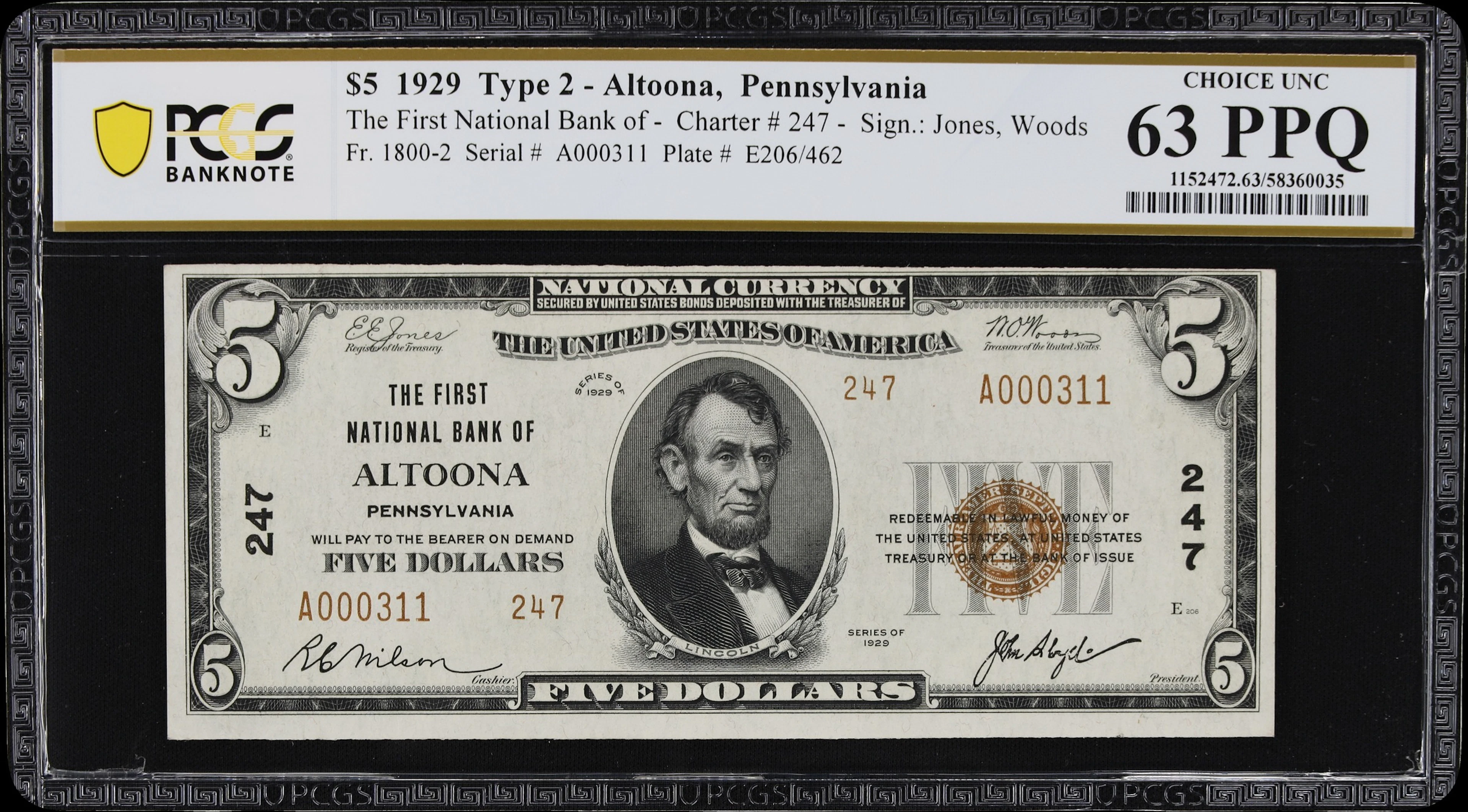 Altoona, Pennsylvania. $5 1929 Ty. 2. Fr. 1800-2. First NB. Charter
