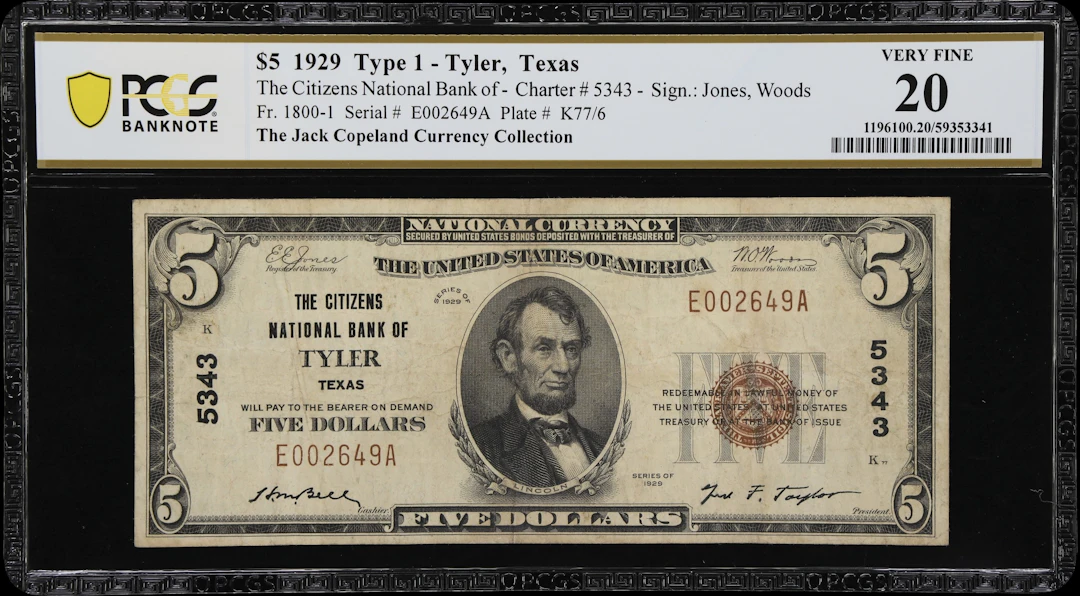Tyler, Texas. $5 1929 Ty. 1. Fr. 1800-1. Citizens NB. Charter #5343.