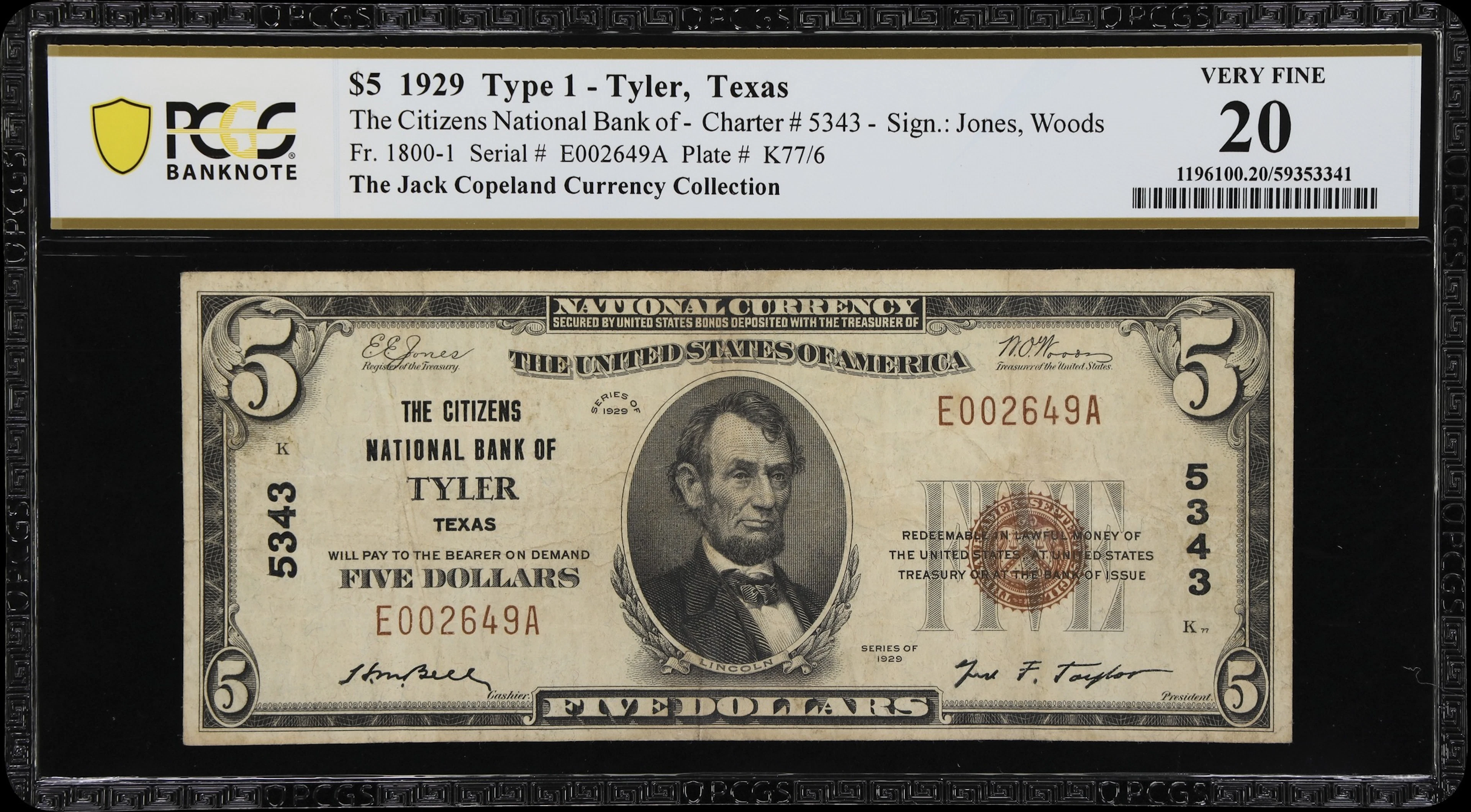 Tyler, Texas. $5 1929 Ty. 1. Fr. 1800-1. Citizens NB. Charter #5343.