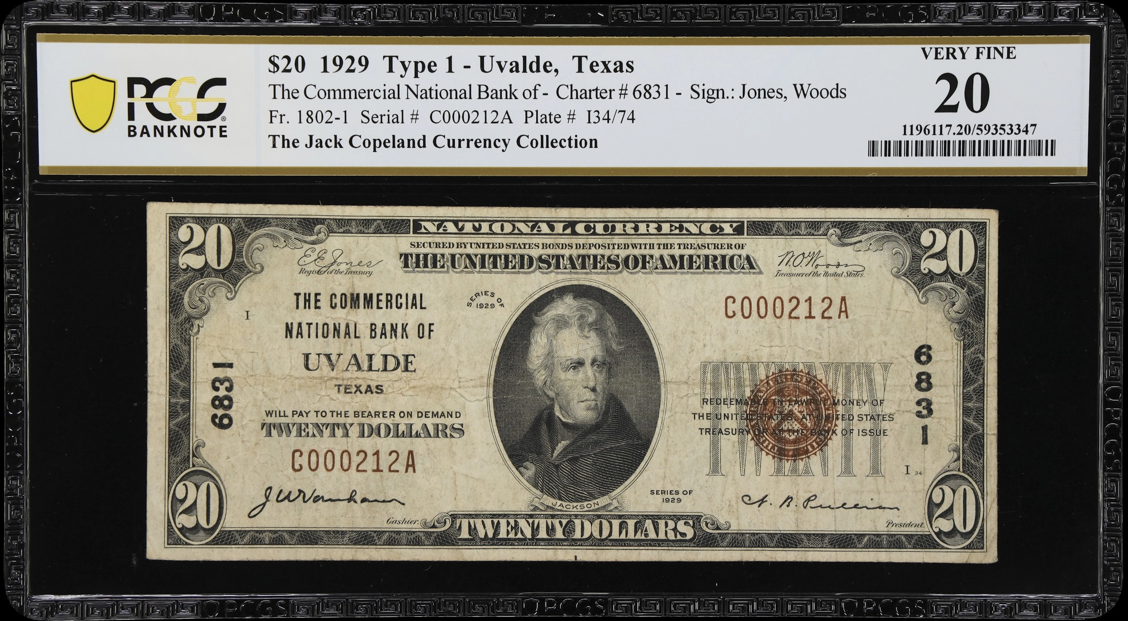 Uvalde, Texas. $20 1929 Ty. 1. Fr. 1802-1. Commercial NB. Charter
