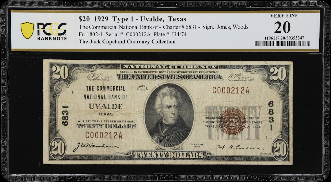 Uvalde, Texas. $20 1929 Ty. 1. Fr. 1802-1. Commercial NB. Charter