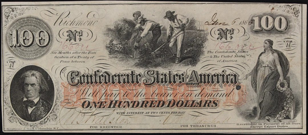 T-41. Confederate Currency. 1863 $100. About Uncirculated. Penned
