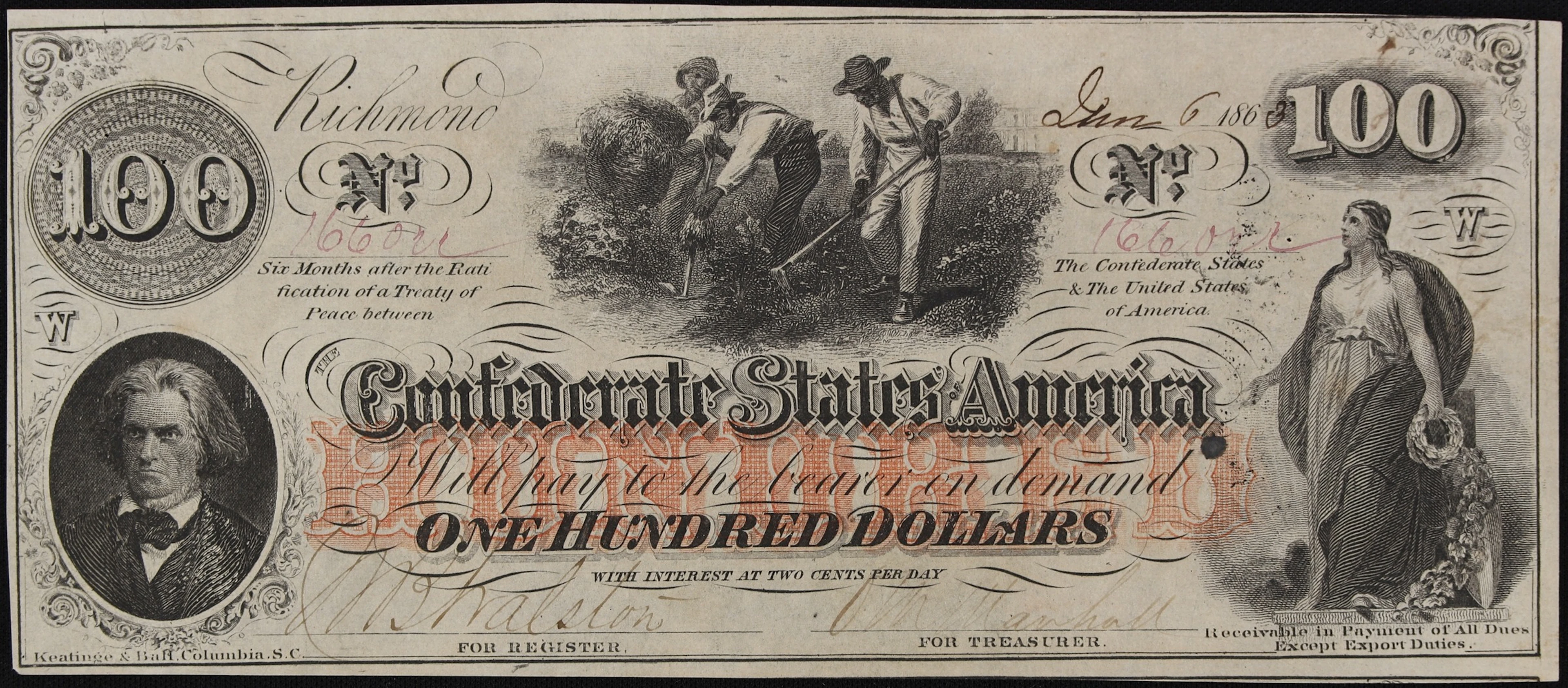 T-41. Confederate Currency. 1863 $100. About Uncirculated. Penned
