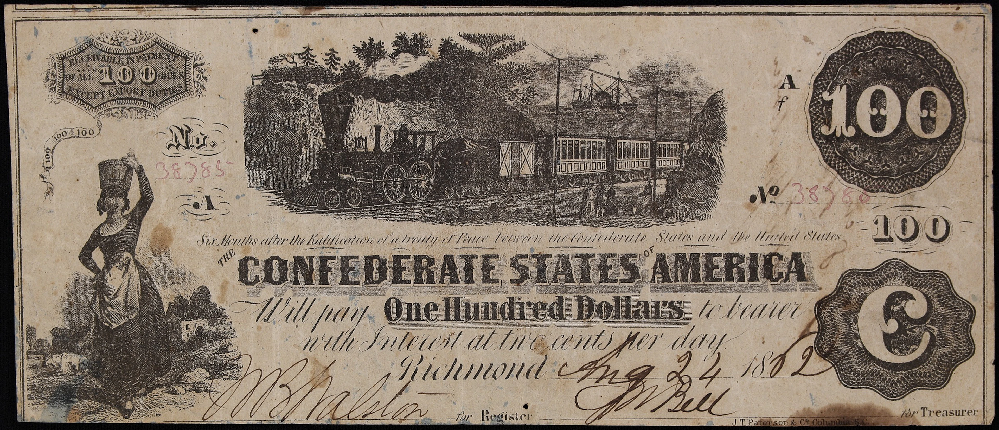 T-40. Confederate Currency. 1862 $100. Very Fine. Penned Endorsement