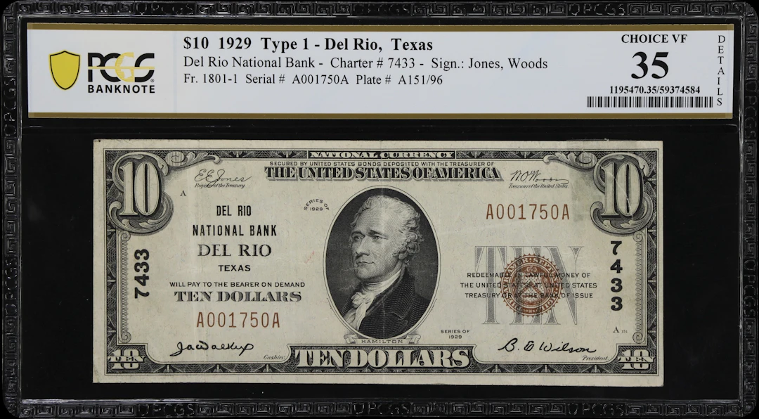 Del Rio, Texas. $10 1929 Ty. 1. Fr. 1801-1. Del Rio NB. Charter #7433.