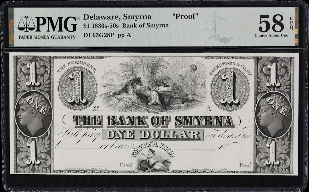 Smyrna, Delaware. Bank of Smyrna. 18xx $1. PMG Choice About Uncirculated