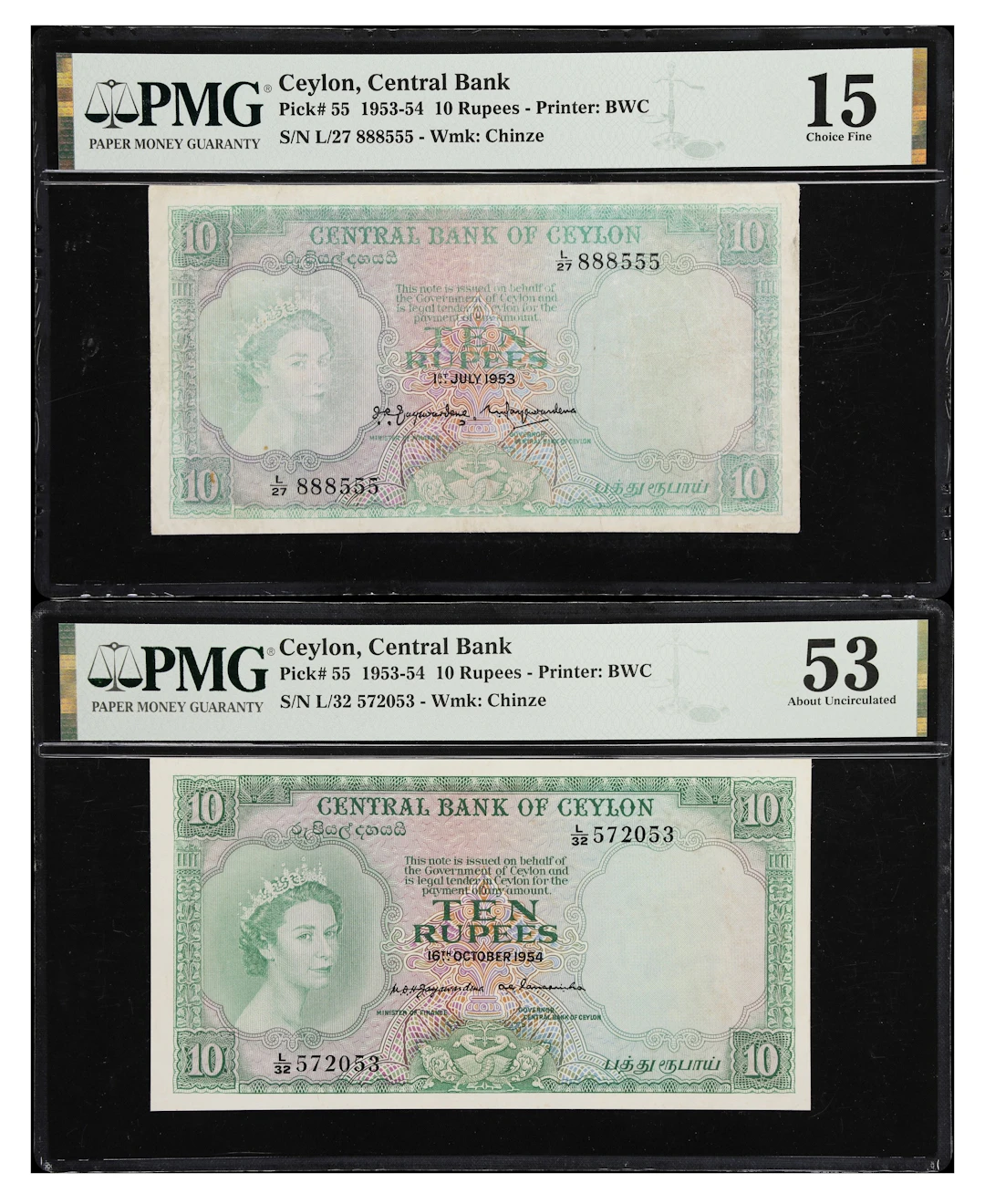 CEYLON. Lot of (2). Central Bank of Ceylon. 10 Rupees, 1953-54. P-55.