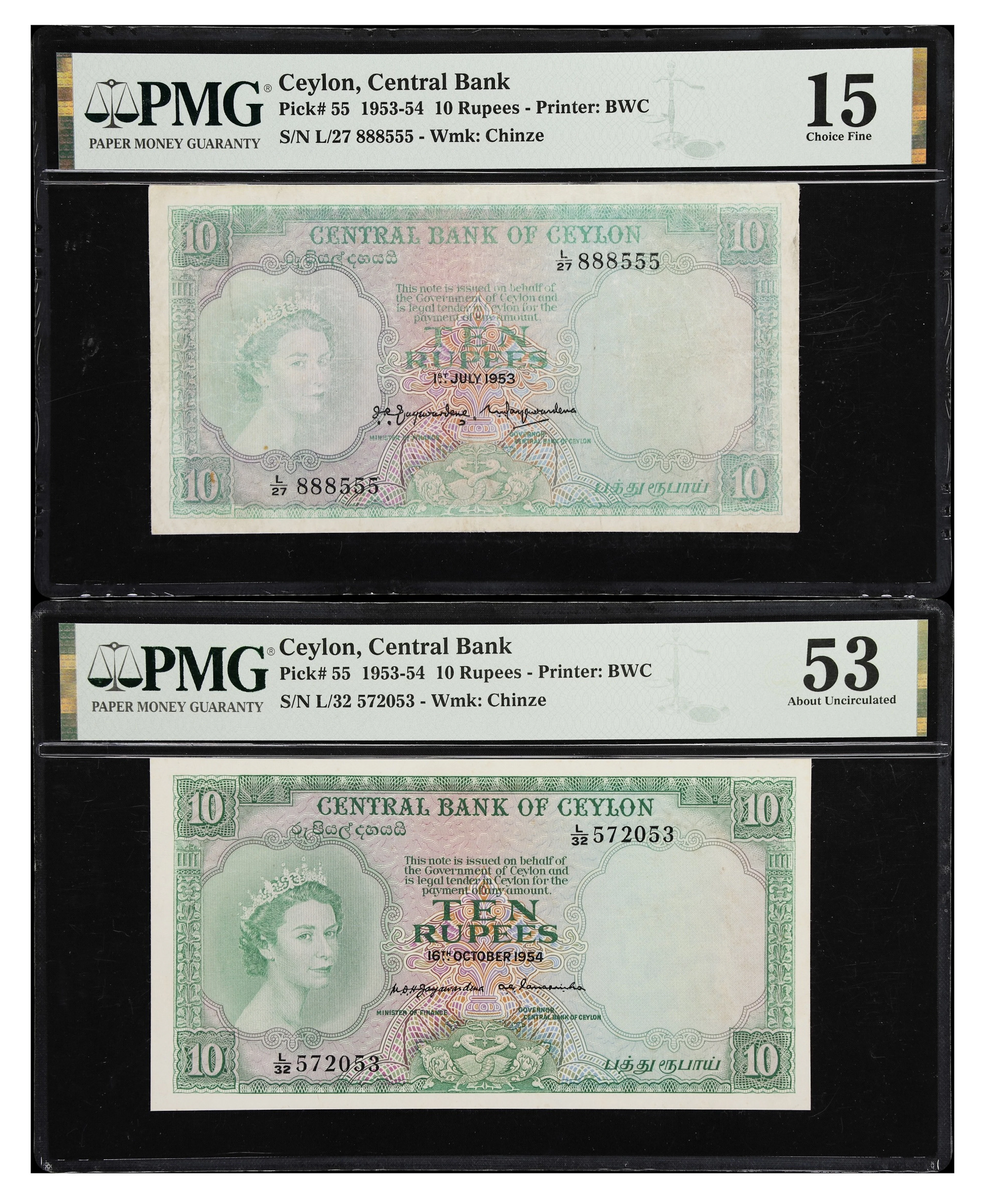 CEYLON. Lot of (2). Central Bank of Ceylon. 10 Rupees, 1953-54. P-55.