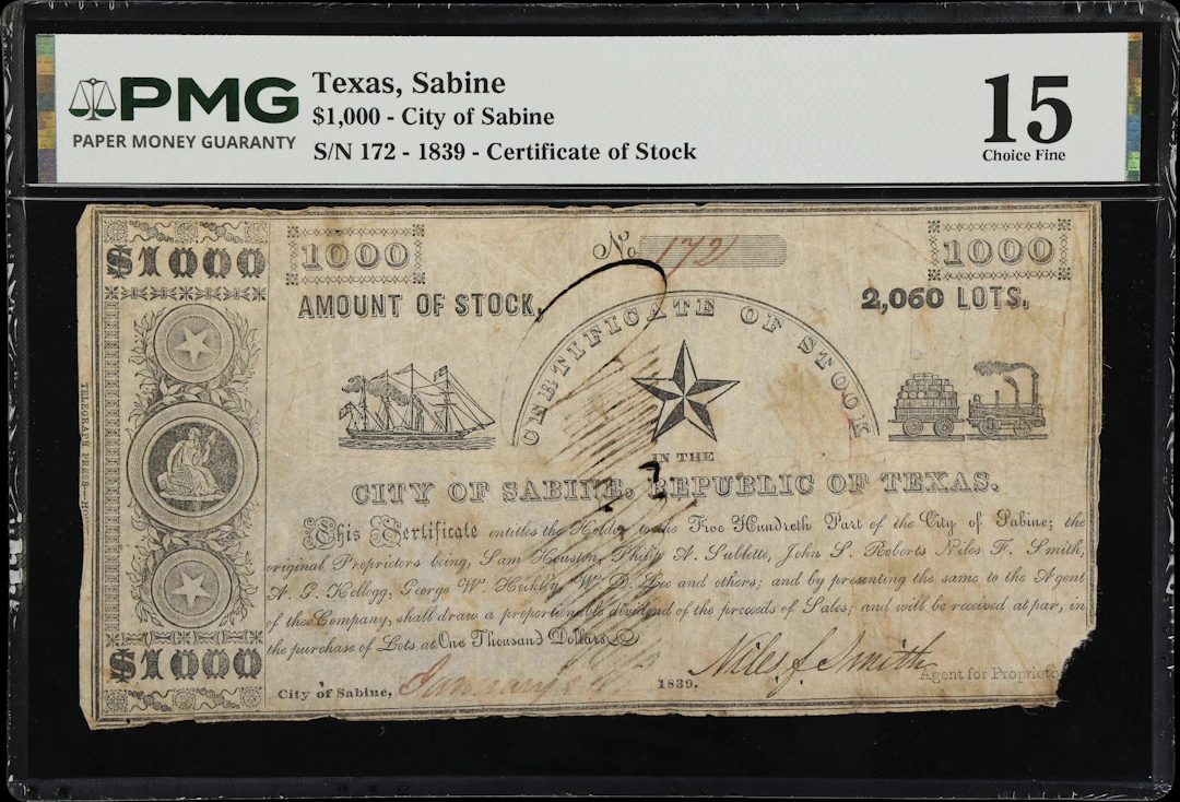 Sabine, Texas. City of Sabine. Certificate of Stock. 1839 $1000. PMG