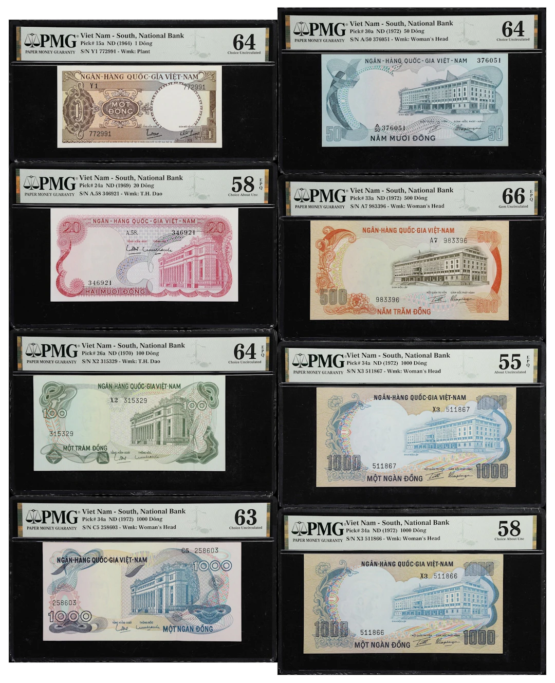 VIETNAM, SOUTH. Lot of (8). National Bank of Vietnam. 1, 20, 50, 100