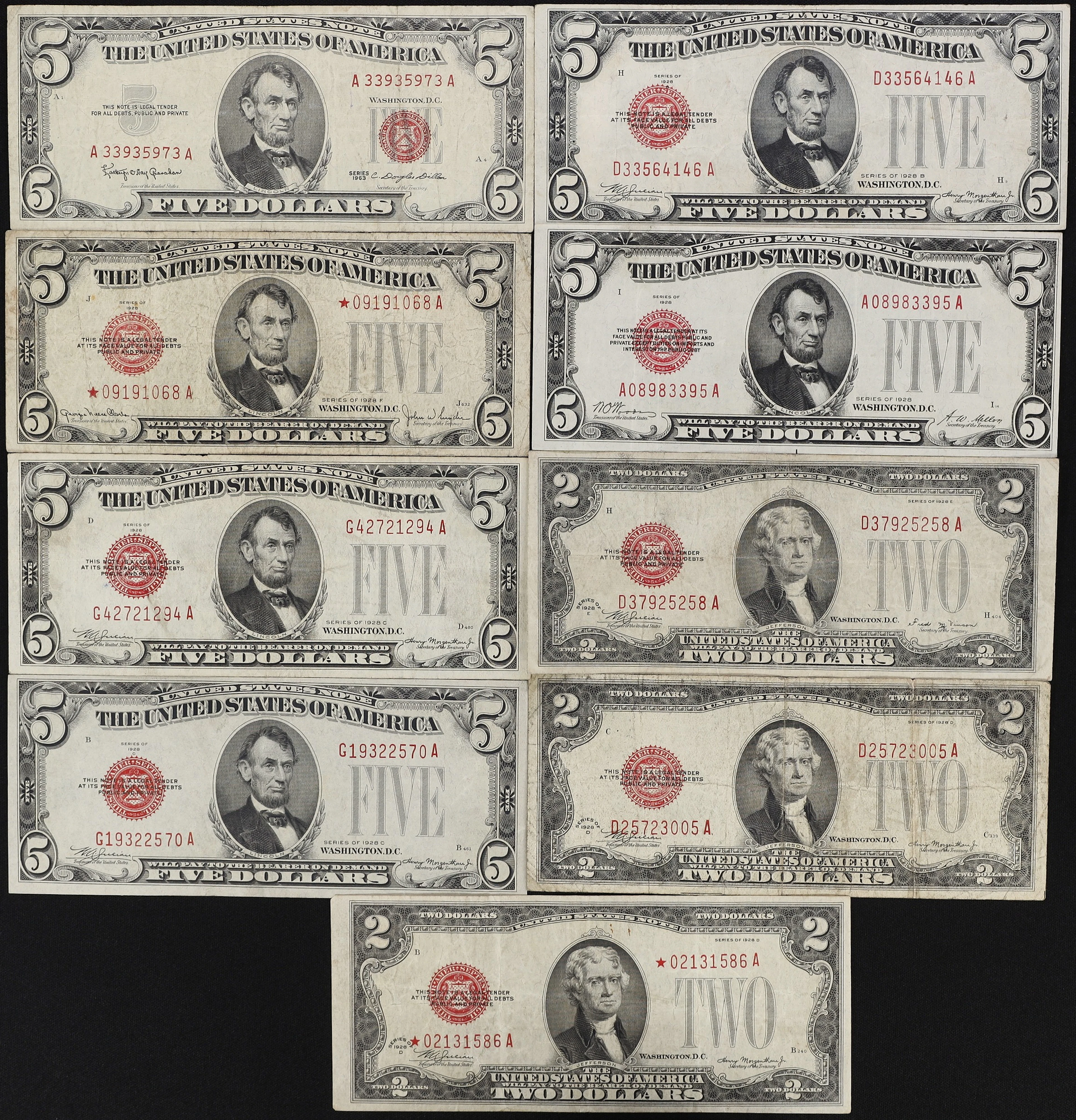 Lot of (9) Mixed Friedbergs. 1928 - 63 $2 & $5 Legal Tender Notes.