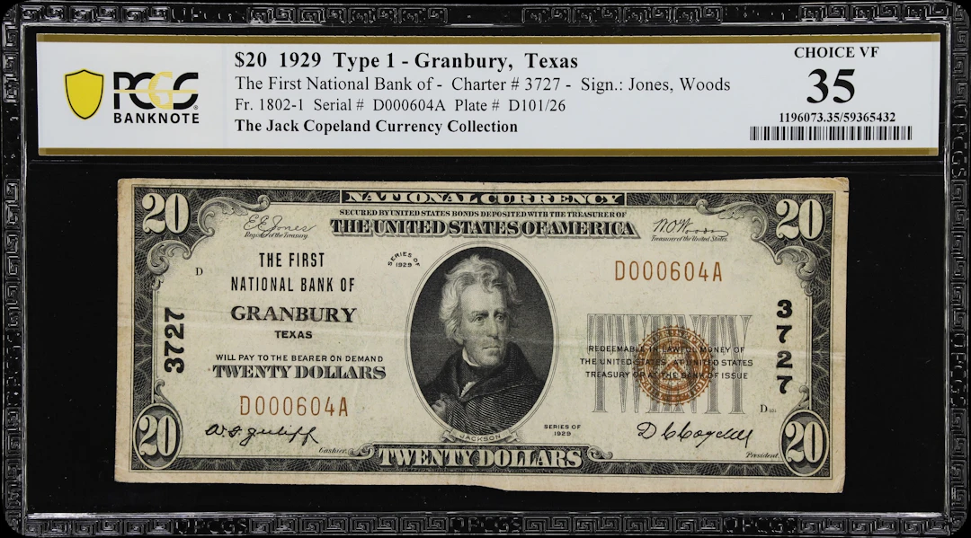 Granbury, Texas. $20 1929 Ty. 1. Fr. 1802-1. First NB. Charter #3727.
