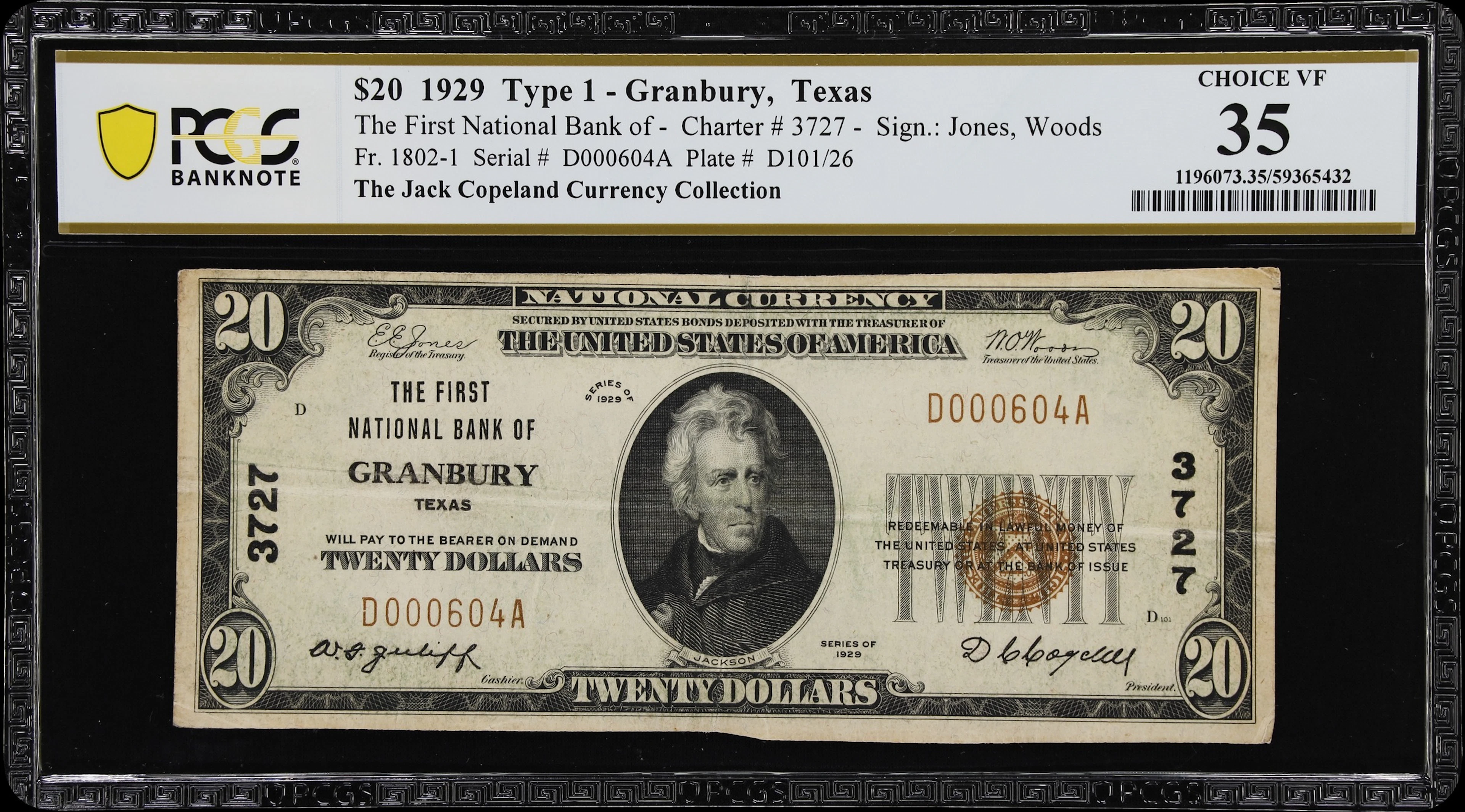 Granbury, Texas. $20 1929 Ty. 1. Fr. 1802-1. First NB. Charter #3727.