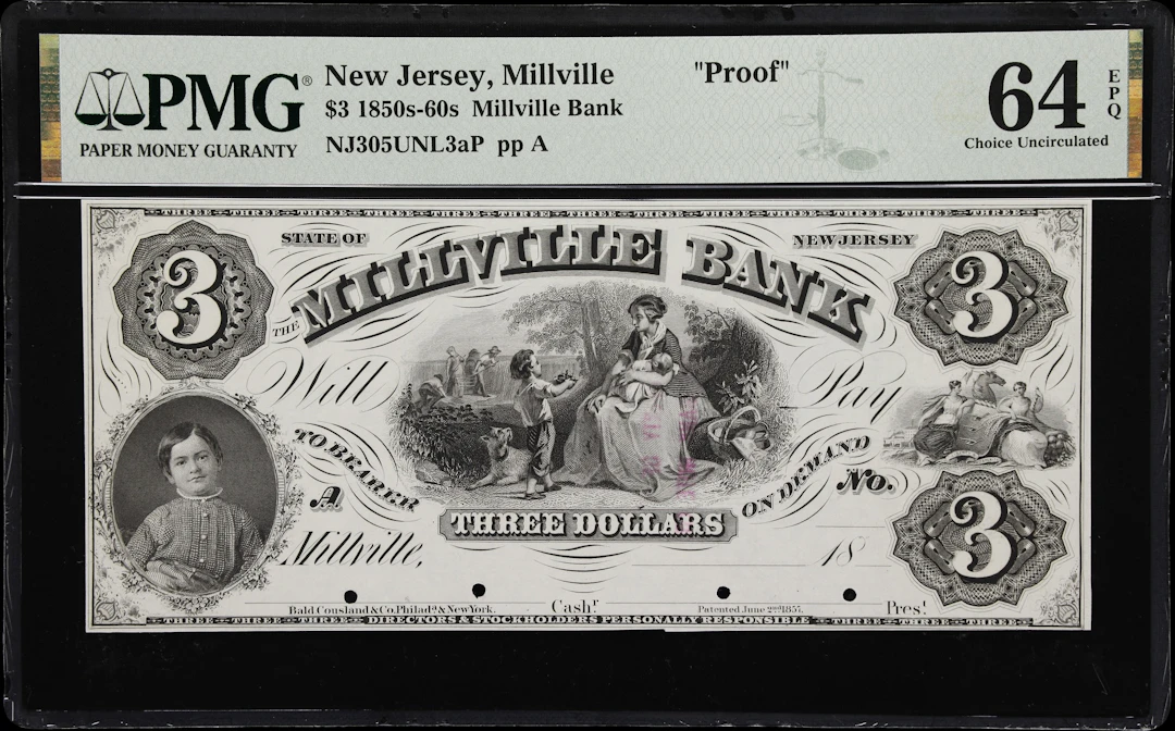 Millville, New Jersey. Millville Bank. 18xx $3. PMG Choice Uncirculated