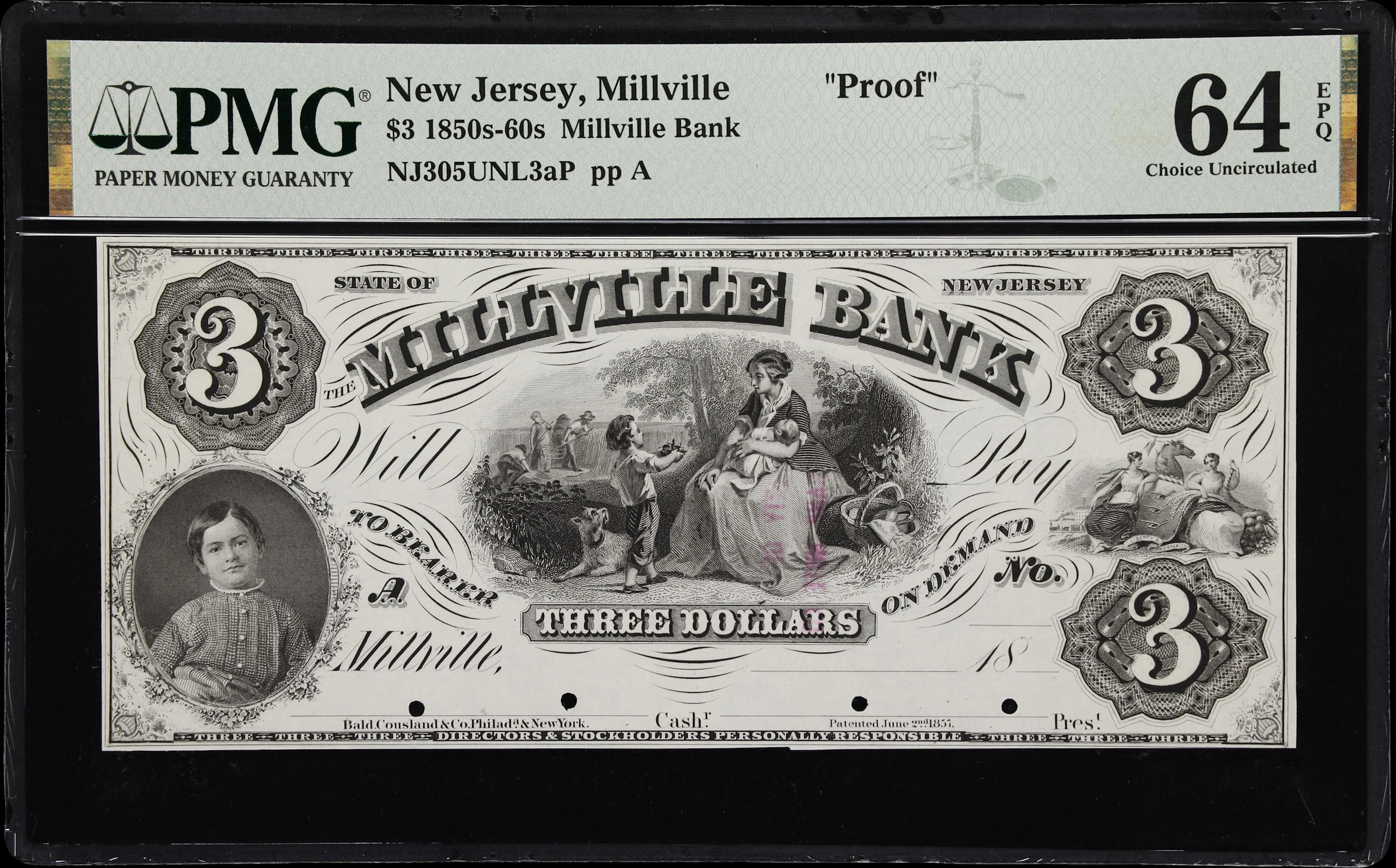 Millville, New Jersey. Millville Bank. 18xx $3. PMG Choice Uncirculated