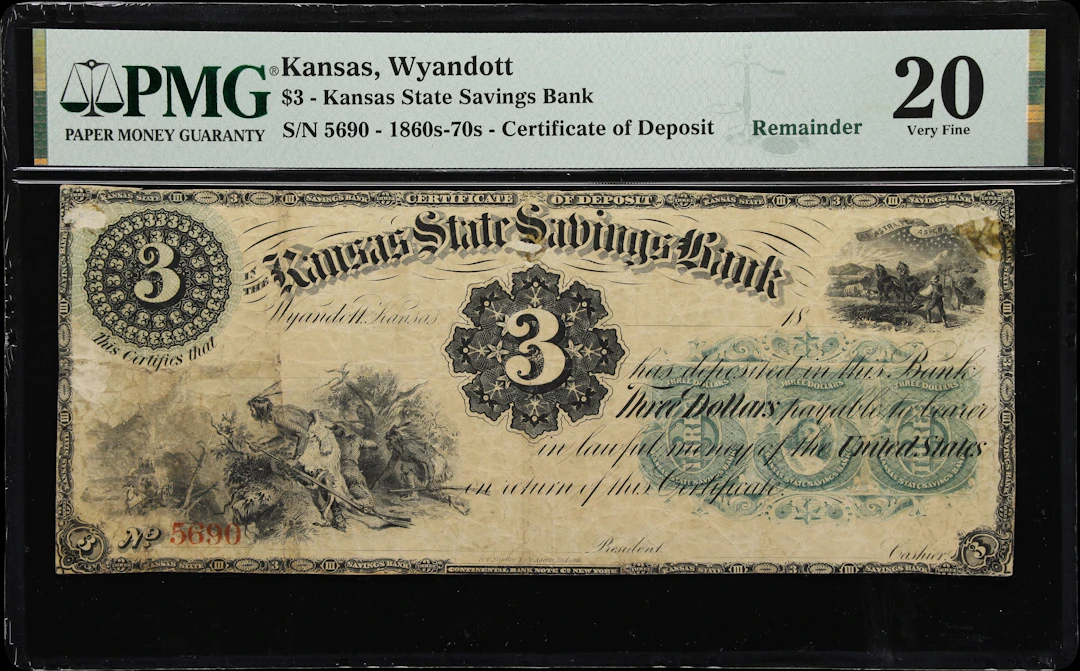 Wyandott, Kansas. Kansas State Savings Bank. 18xx $3. PMG Very Fine