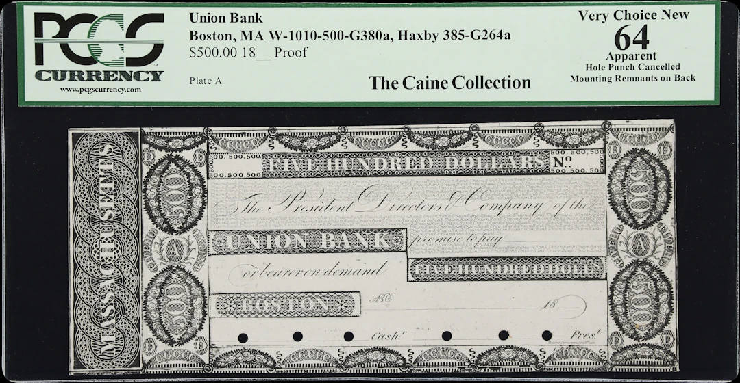 Boston, Massachusetts. Union Bank. 18xx $500. PCGS Currency Very Choice