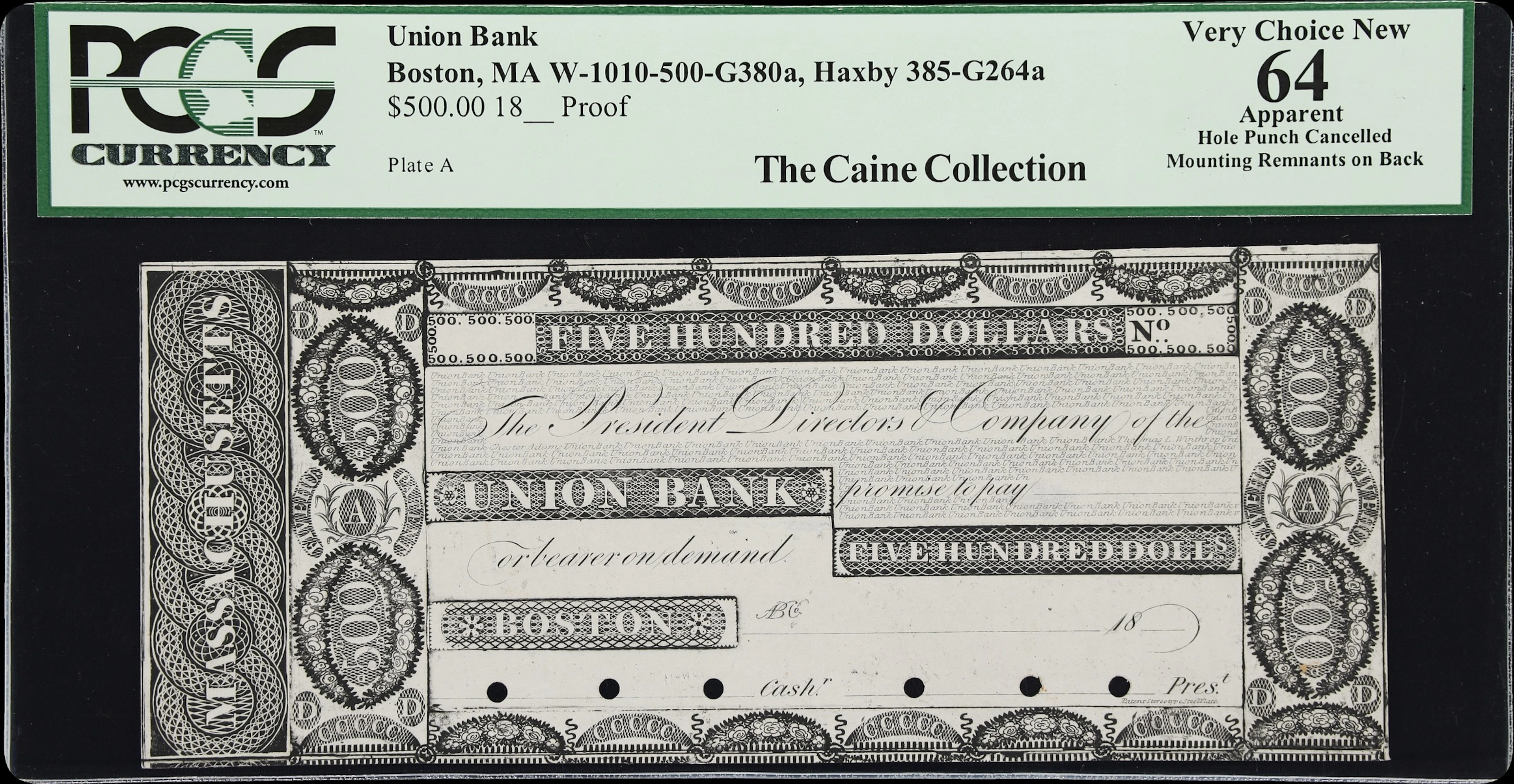 Boston, Massachusetts. Union Bank. 18xx $500. PCGS Currency Very Choice