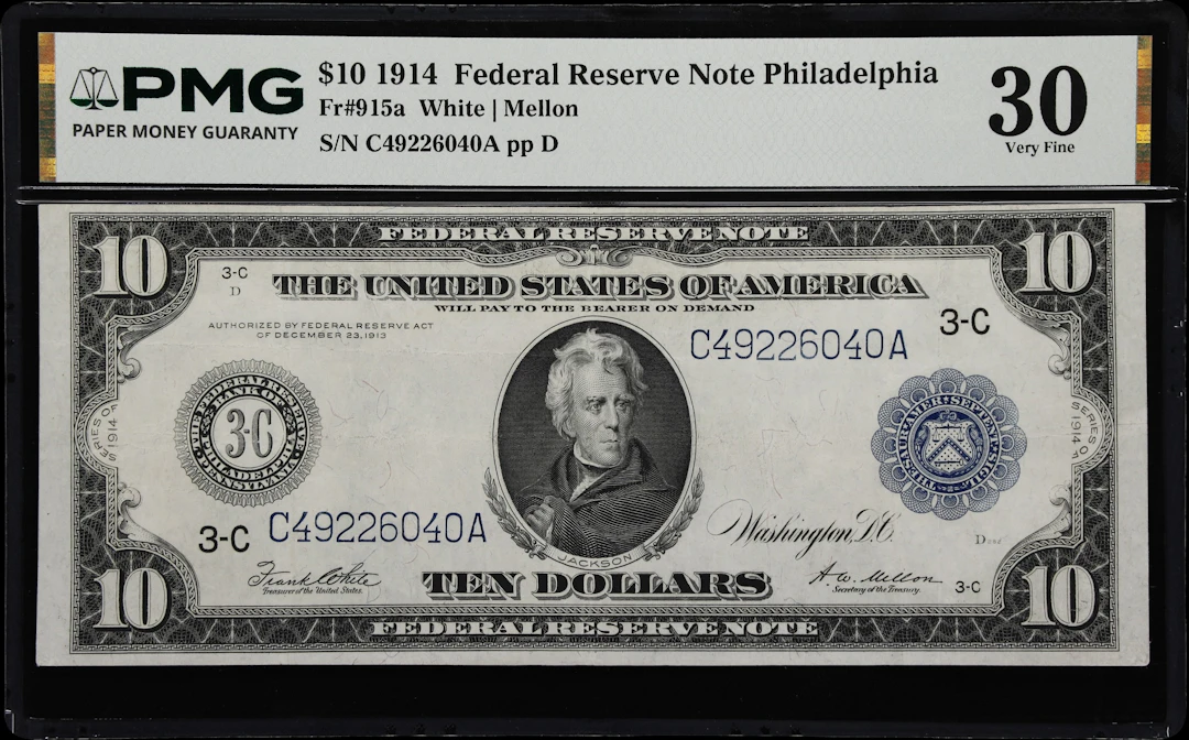 Fr. 915a. 1914 $10 Federal Reserve Note. Philadelphia. PMG Very Fine 30.