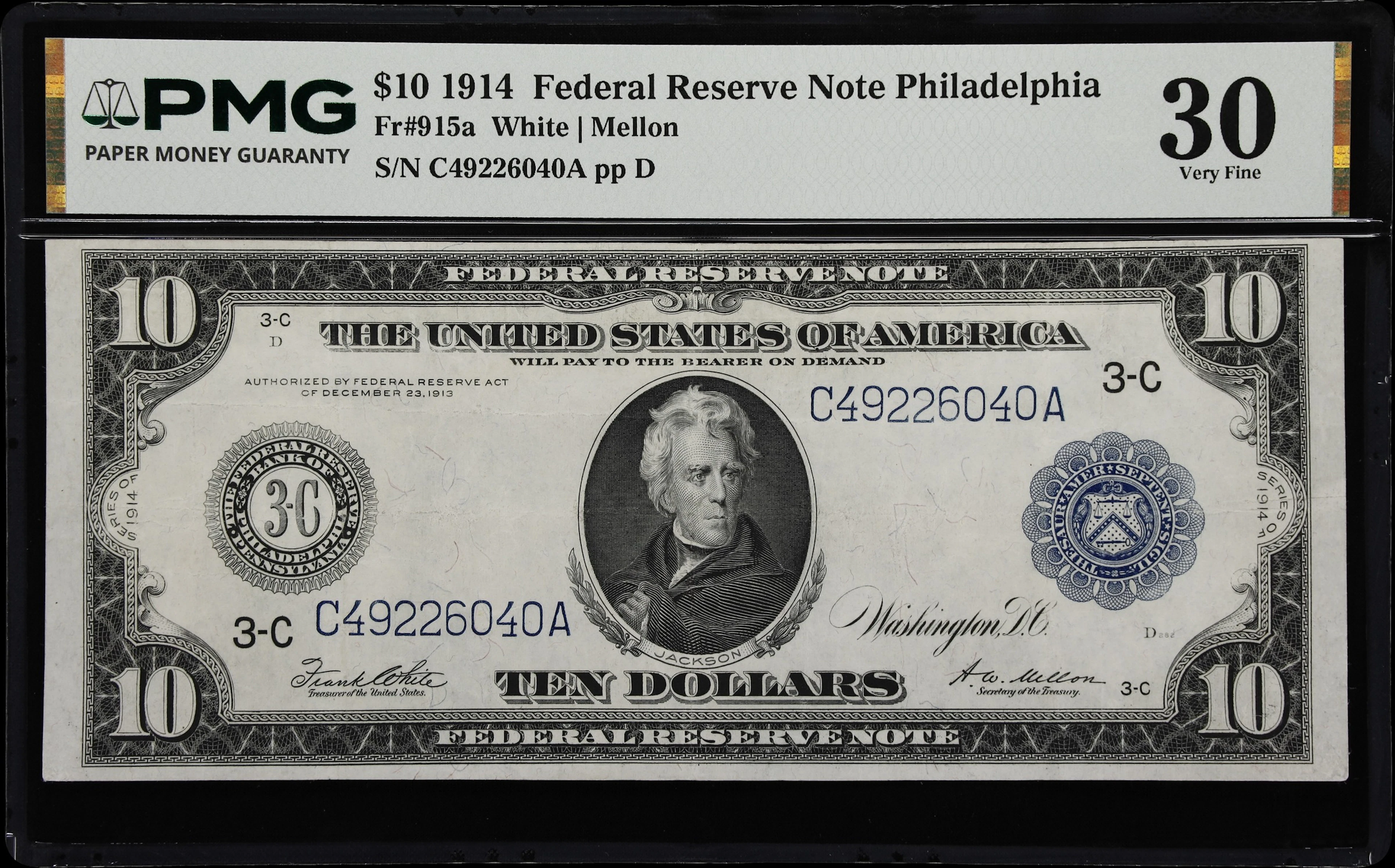 Fr. 915a. 1914 $10 Federal Reserve Note. Philadelphia. PMG Very Fine 30.