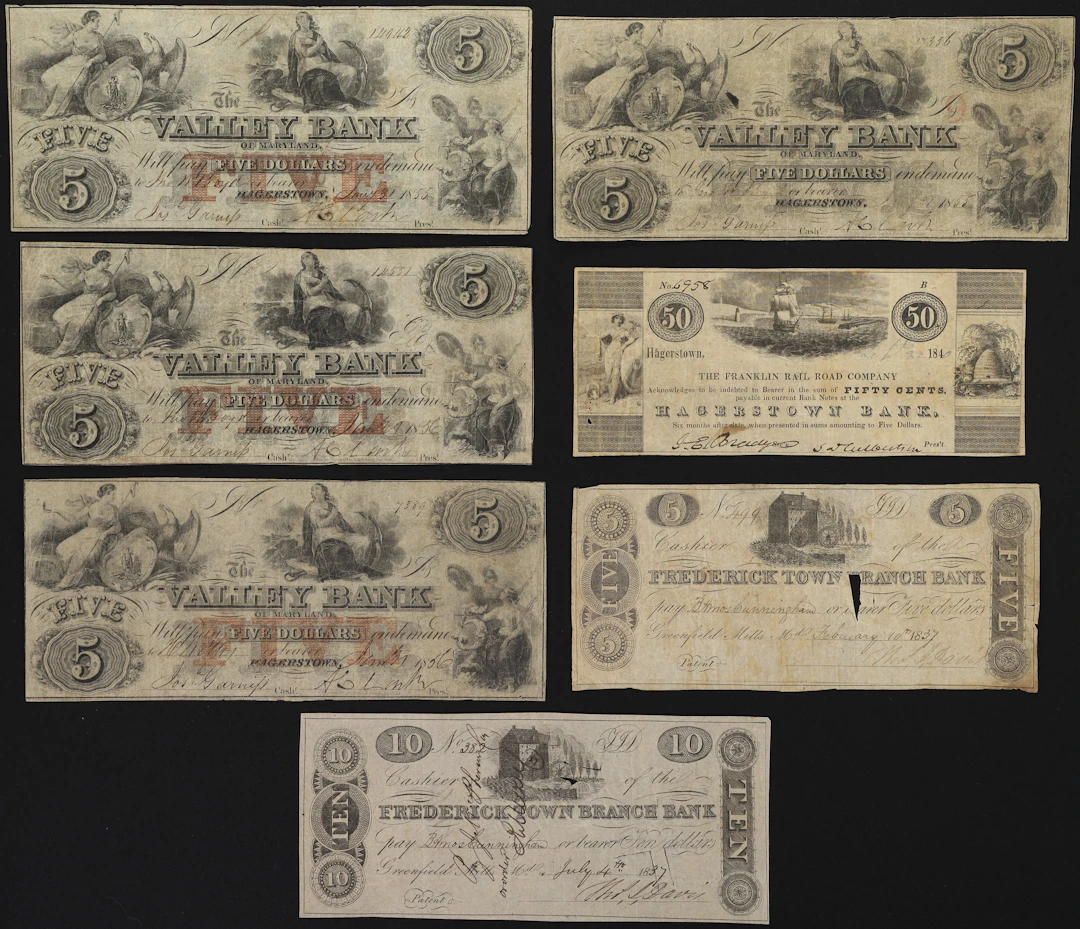 Lot of (7) Maryland Obsoletes. Mixed Issuers. 1837 - 55 Mixed Denominations.