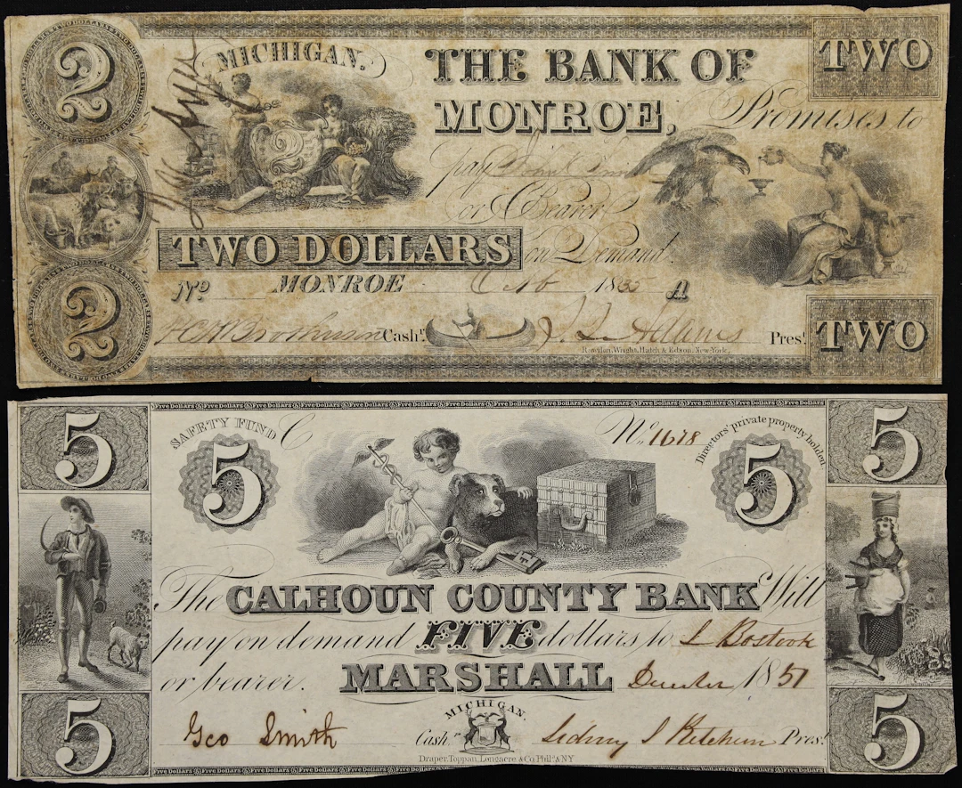 Lot of (2) Marshall & Monroe, Michigan. Bank of Monroe & Calhoun County