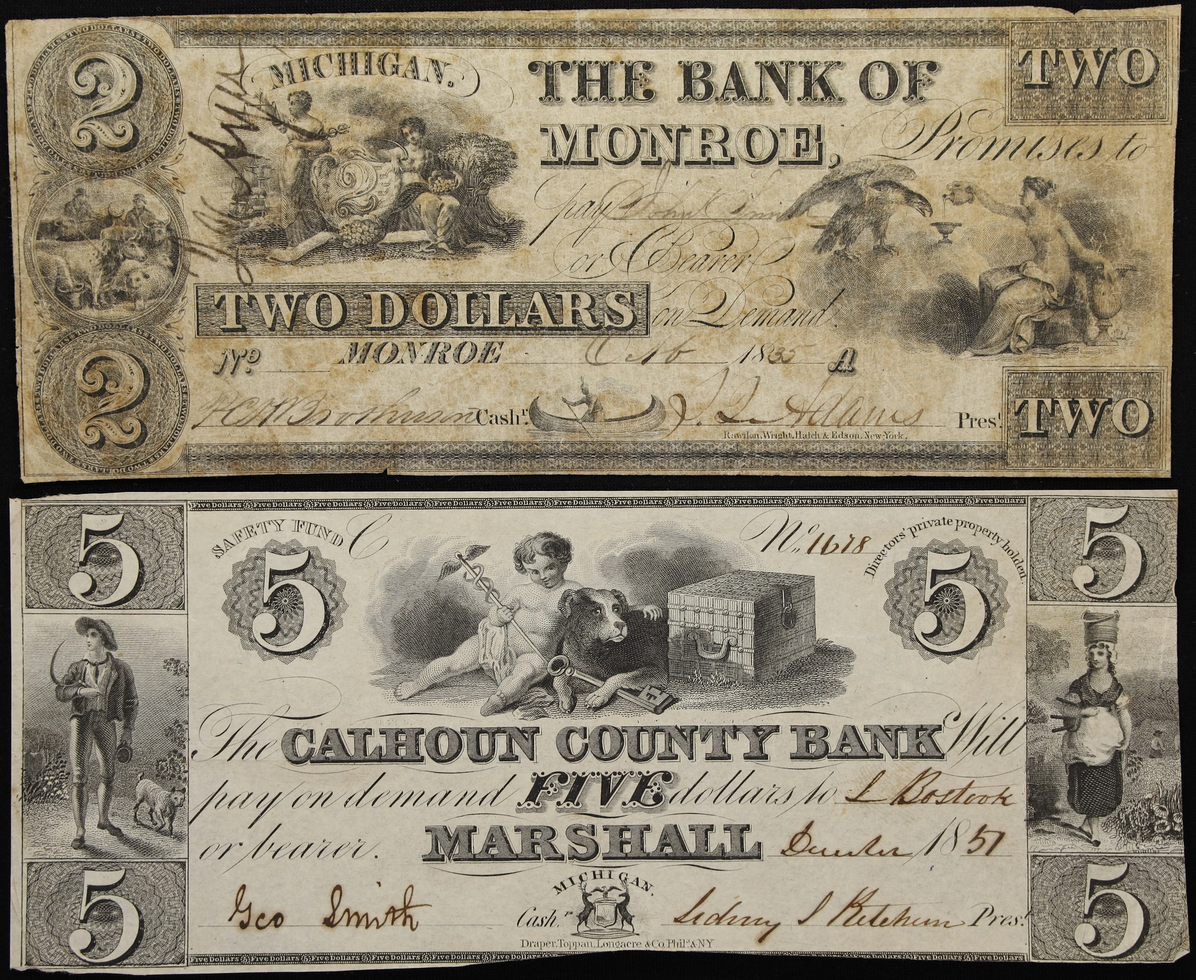 Lot of (2) Marshall & Monroe, Michigan. Bank of Monroe & Calhoun County