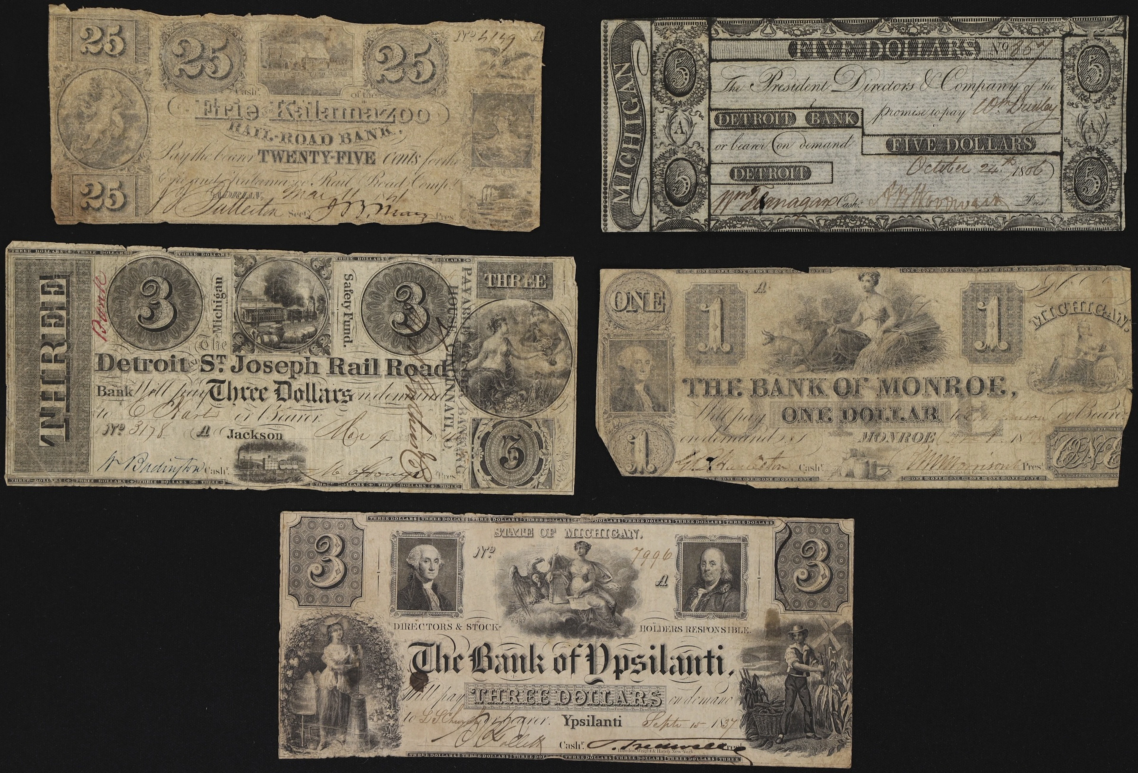 Lot of (5) Michigan Obsoletes. Mixed Issuers. 1806 - 41 25 Cents