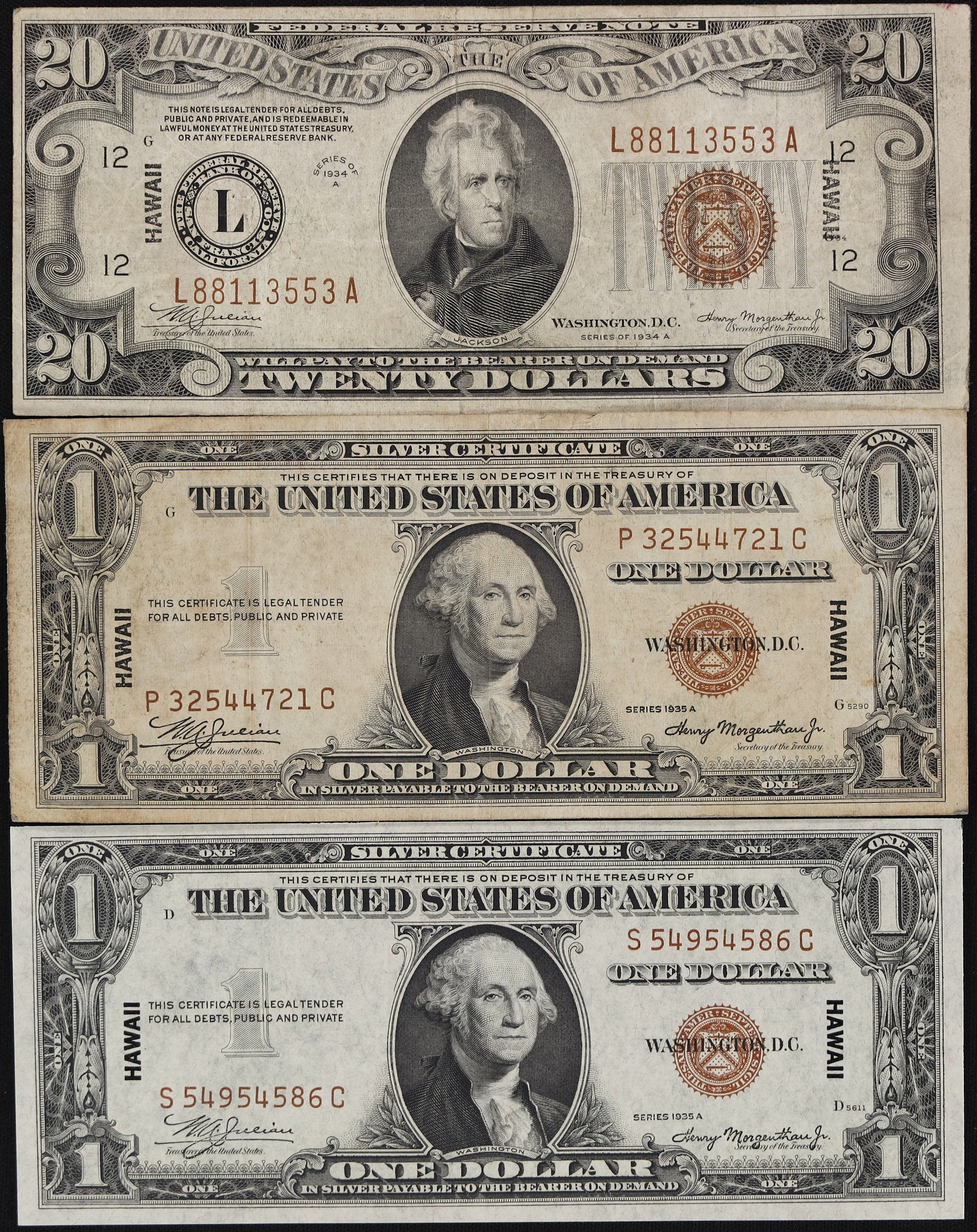 Lot of (3) Fr. 2300 & 2304. 1934A - 35A $1 & $20 Hawaii Emergency