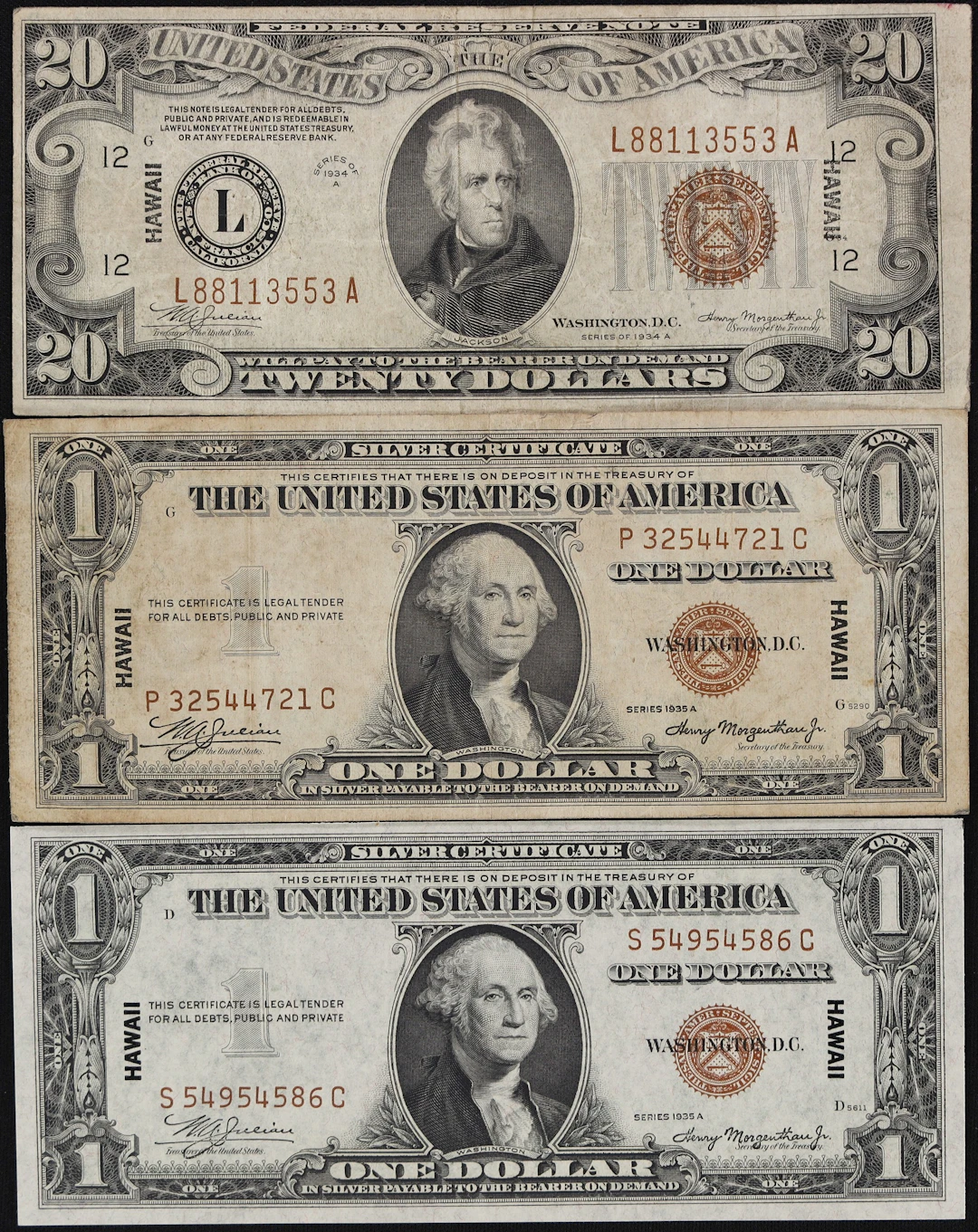Lot of (3) Fr. 2300 & 2304. 1934A - 35A $1 & $20 Hawaii Emergency