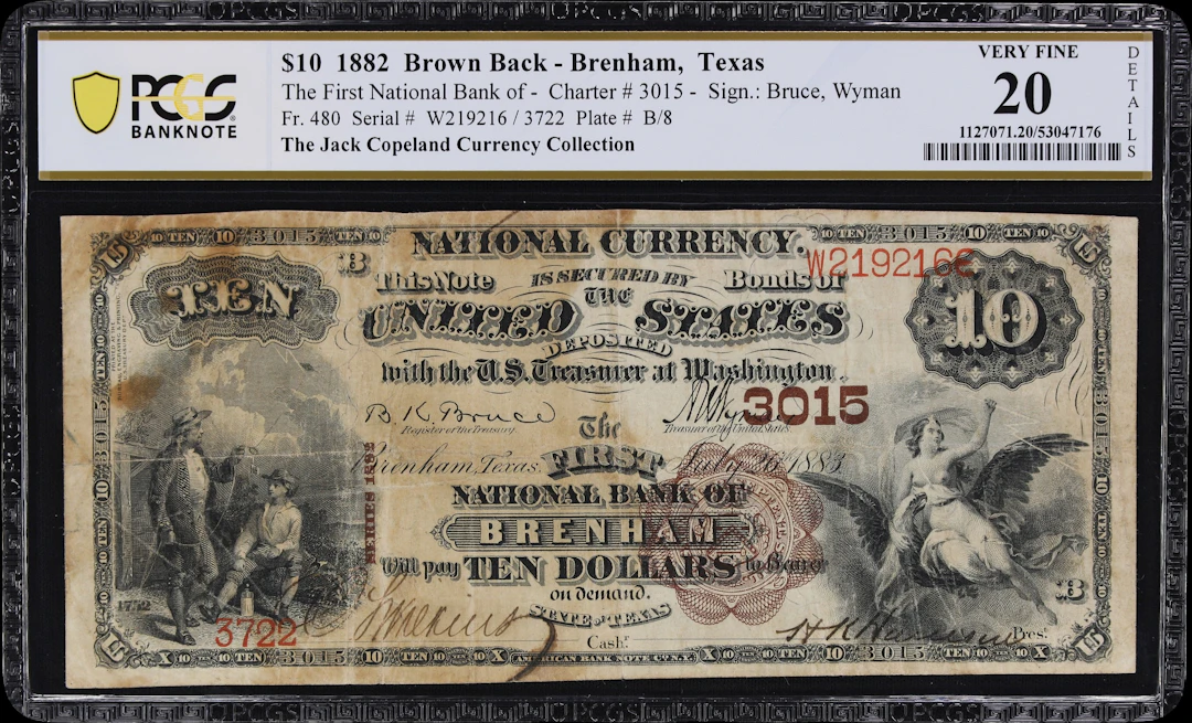 Brenham, Texas. $10 1882 Brown Back. Fr. 480. First NB. Charter #3015.