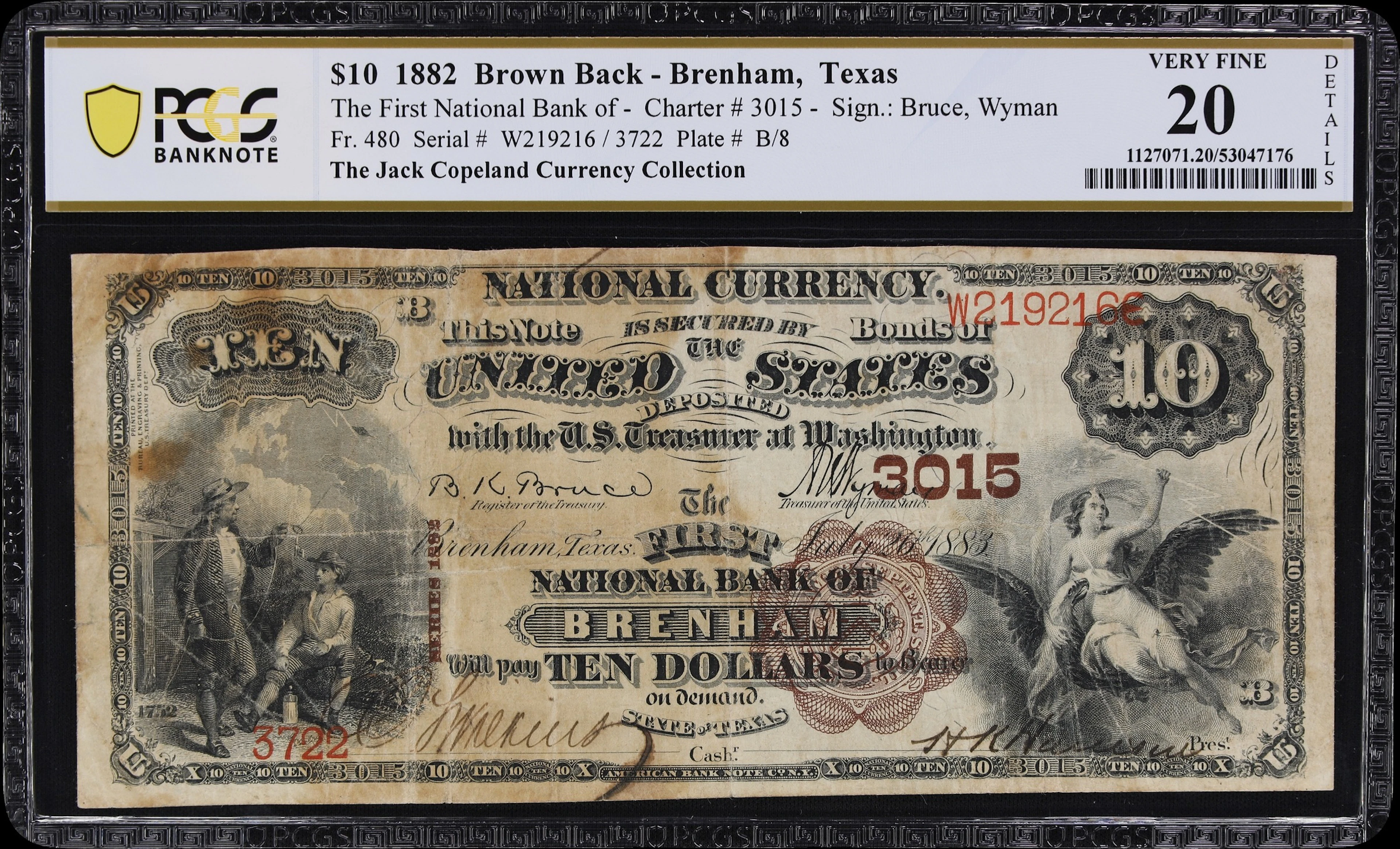 Brenham, Texas. $10 1882 Brown Back. Fr. 480. First NB. Charter #3015.