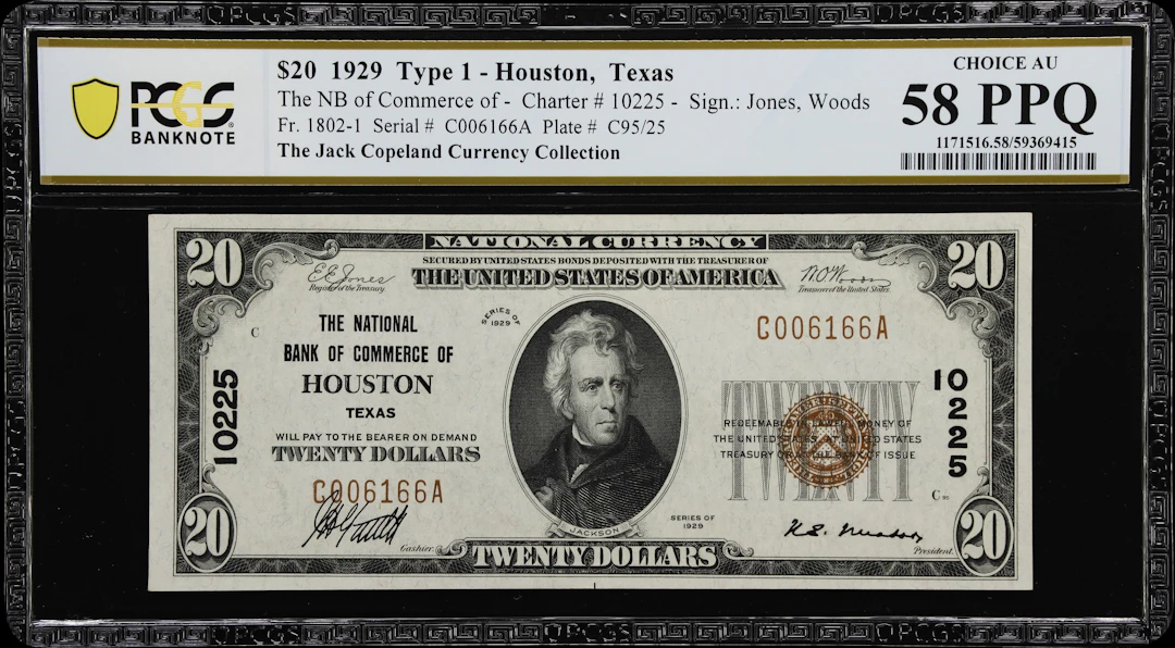 Houston, Texas. $20 1929 Ty. 1. Fr. 1802-1. NB of Commerce. Charter