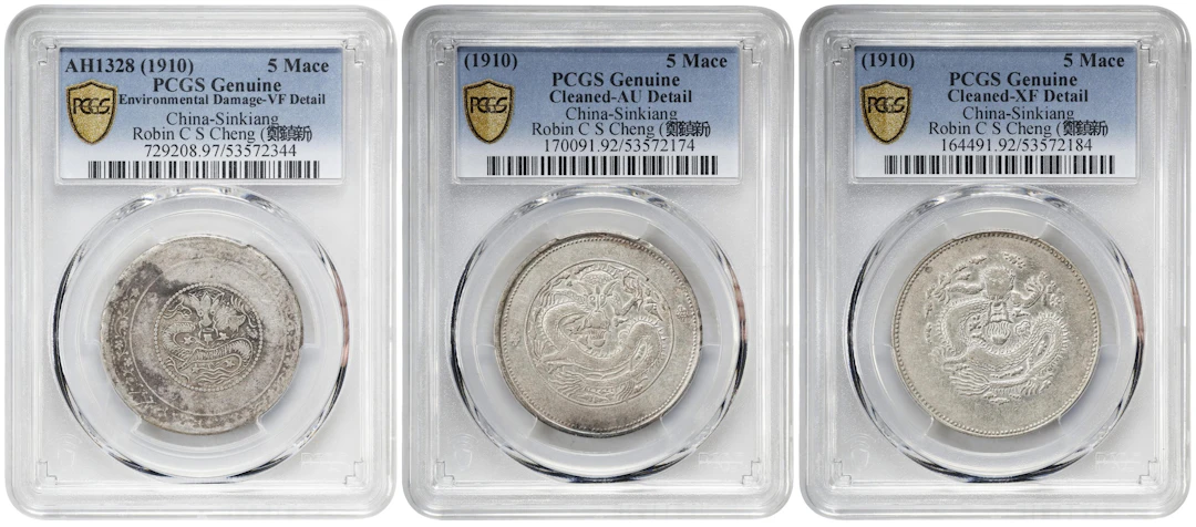 (t) CHINA. Sinkiang. Trio of 5 Mace (Miscals) (3 Pieces), AH 1328