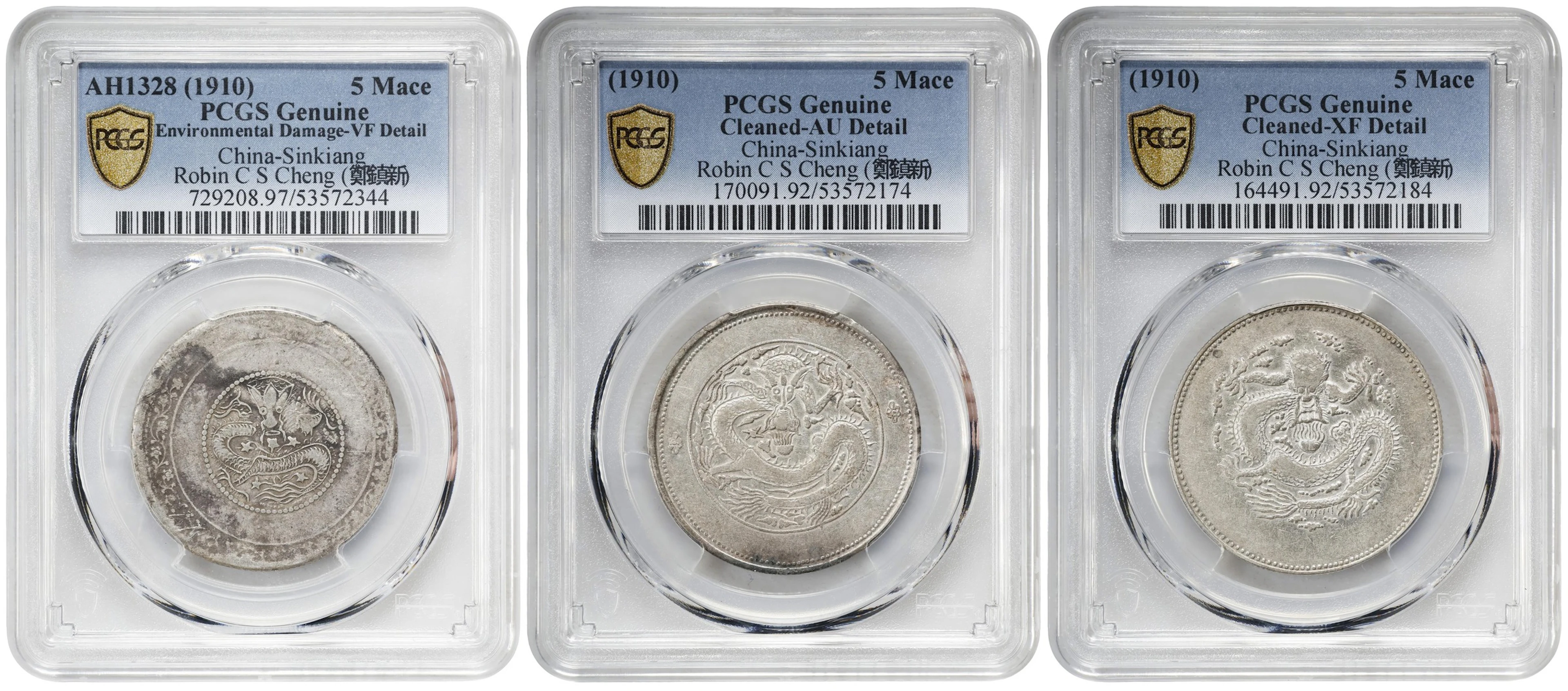 (t) CHINA. Sinkiang. Trio of 5 Mace (Miscals) (3 Pieces), AH 1328