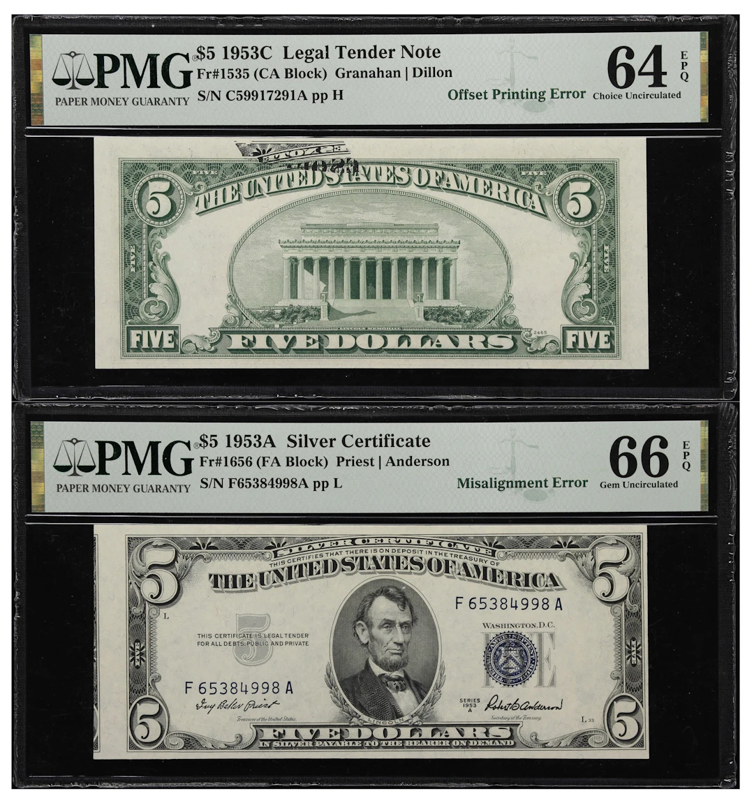 Lot of (2) Fr. 1535 & 1656. 1953A-53C $5 Legal Tender Note & Silver