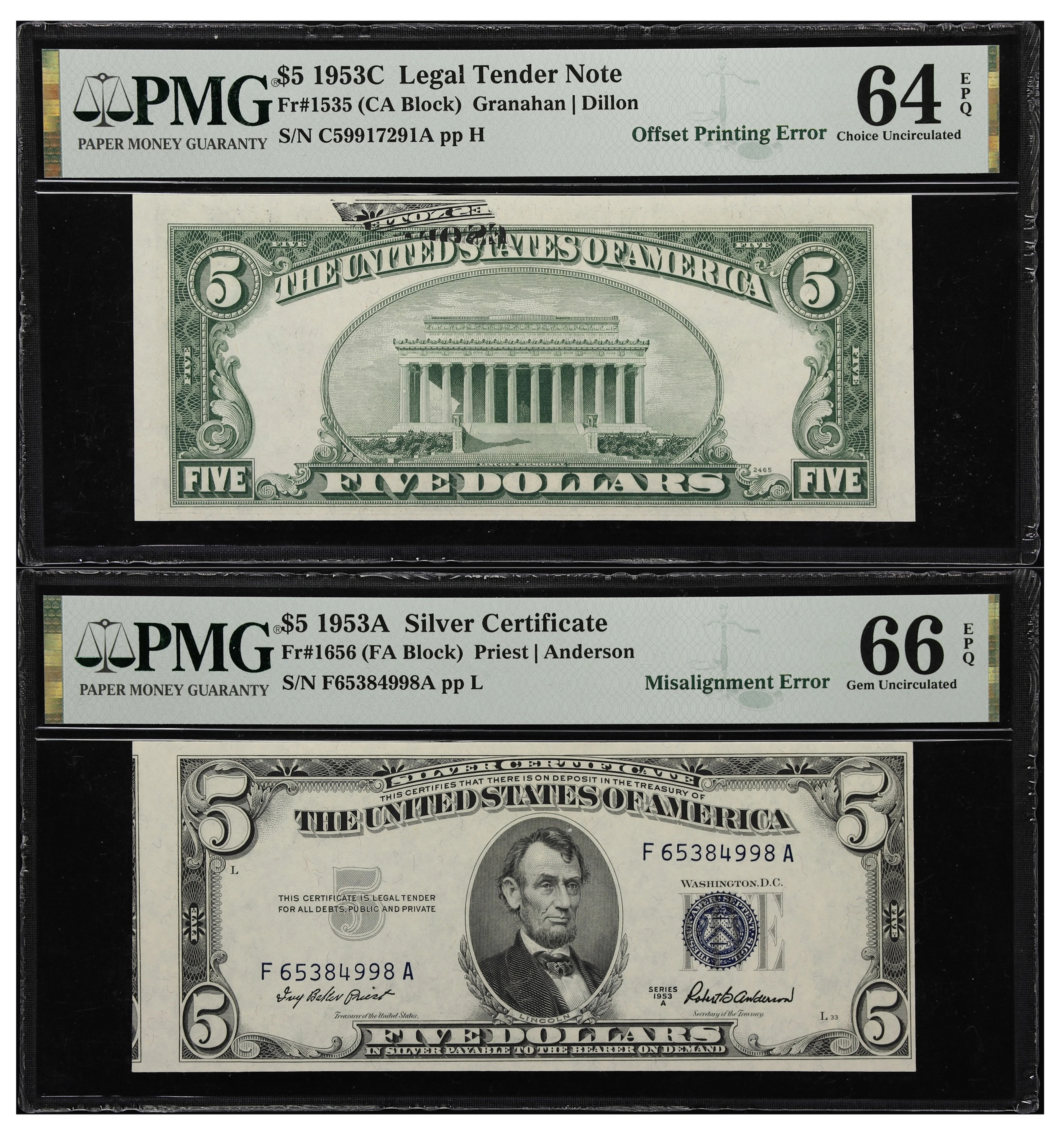 Lot of (2) Fr. 1535 & 1656. 1953A-53C $5 Legal Tender Note & Silver