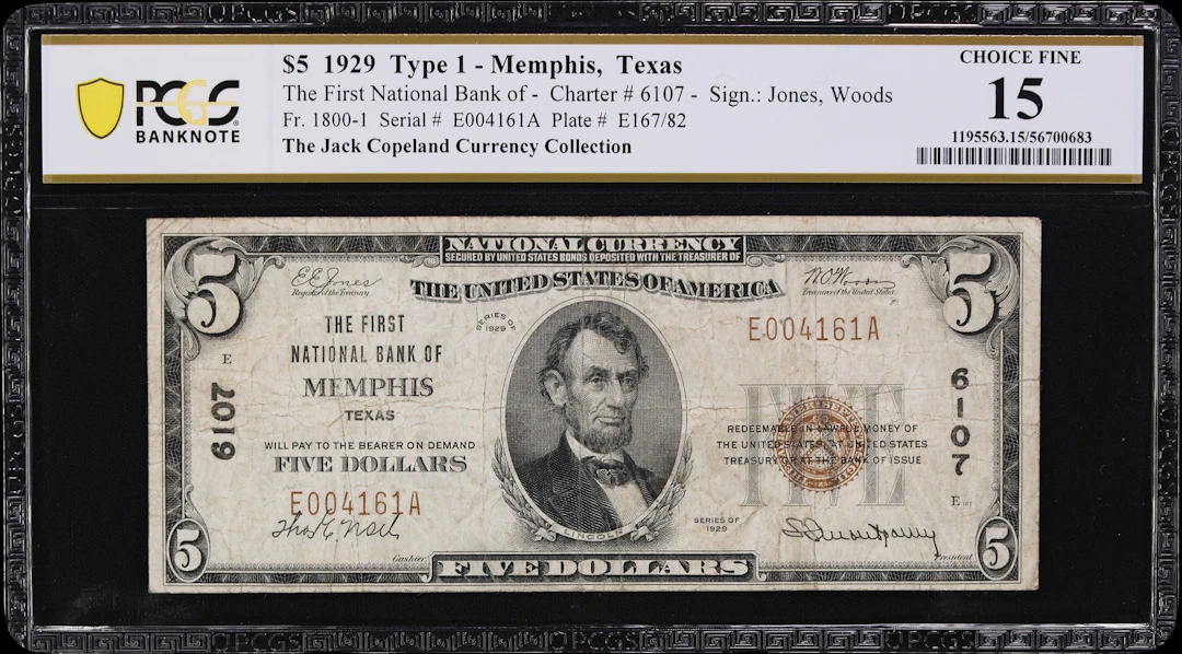 Memphis, Texas. $5 1929 Ty. 1. Fr. 1800-1. First NB. Charter #6107.