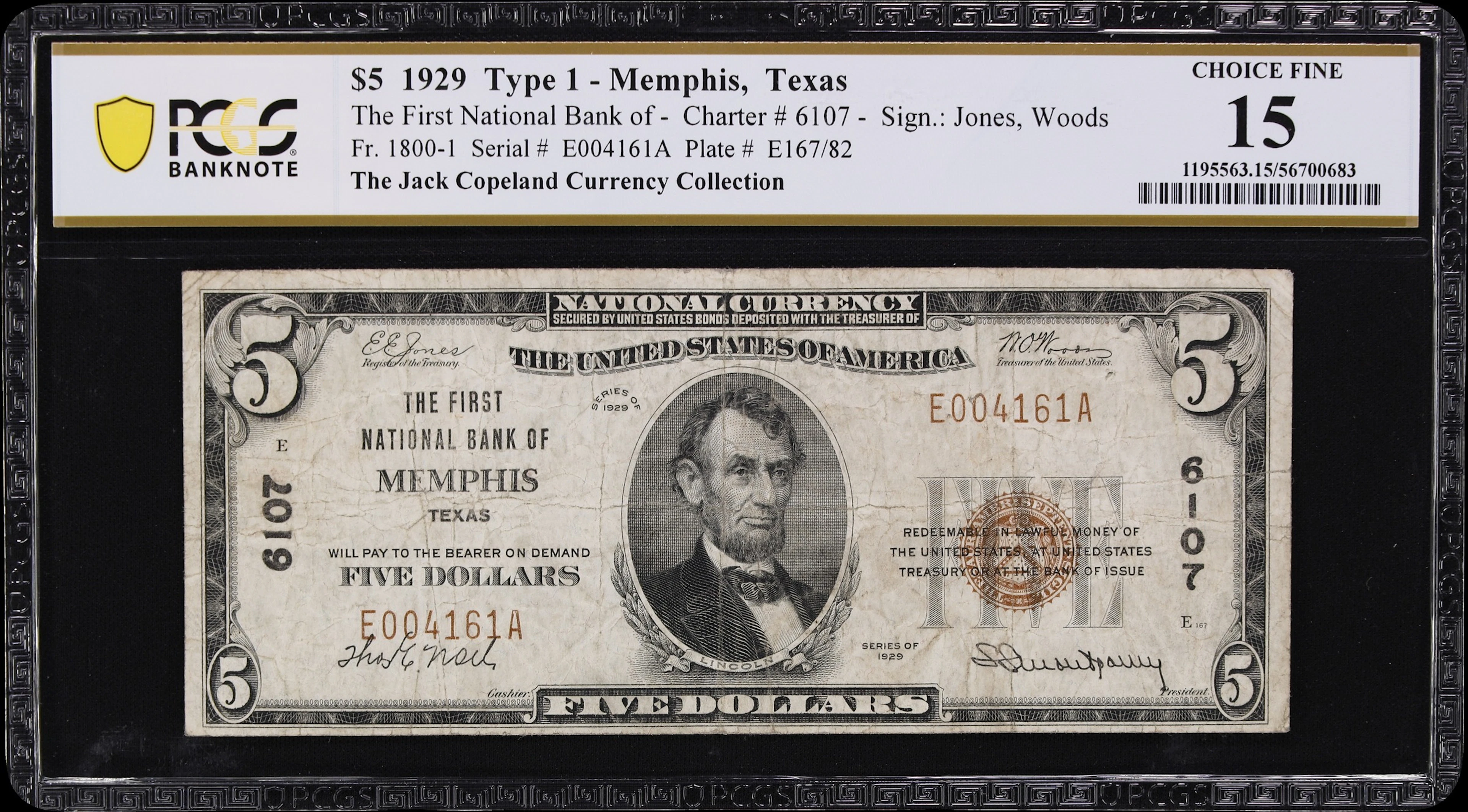 Memphis, Texas. $5 1929 Ty. 1. Fr. 1800-1. First NB. Charter #6107.